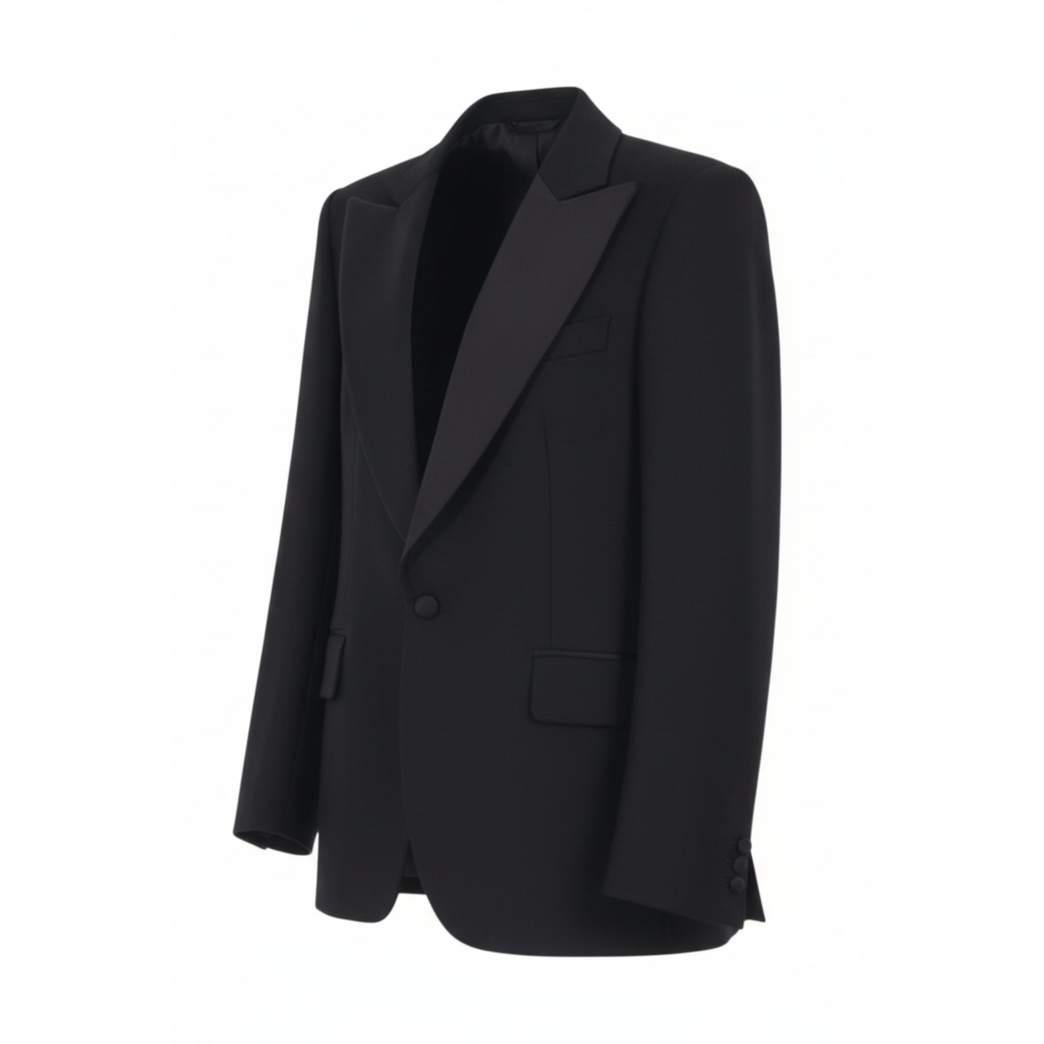Tailory black tuxedo blazer with satin peak lapel side view