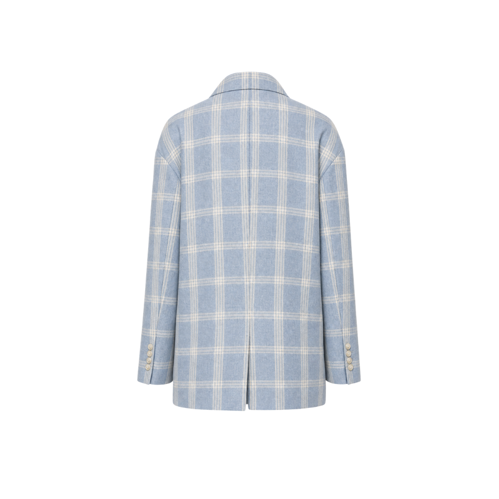 The Tailory New York blue check Loro Piana cashmere silk blazer back view