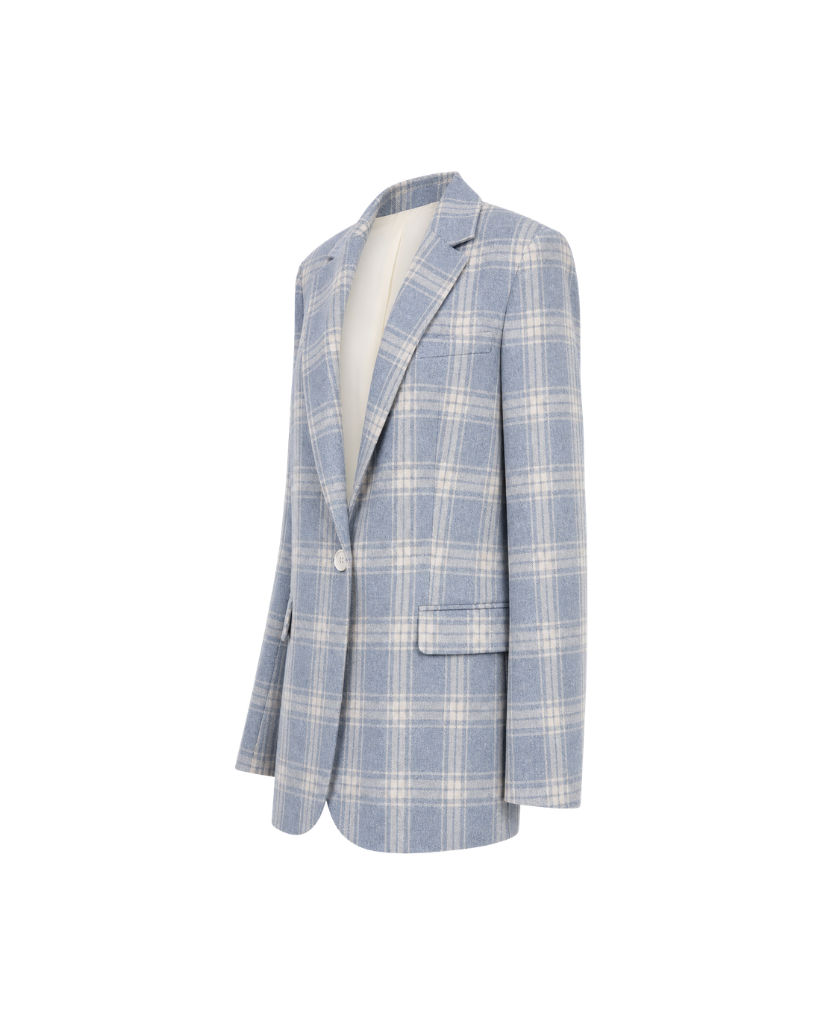 The Tailory New York blue check Loro Piana cashmere silk blazer three quarter view
