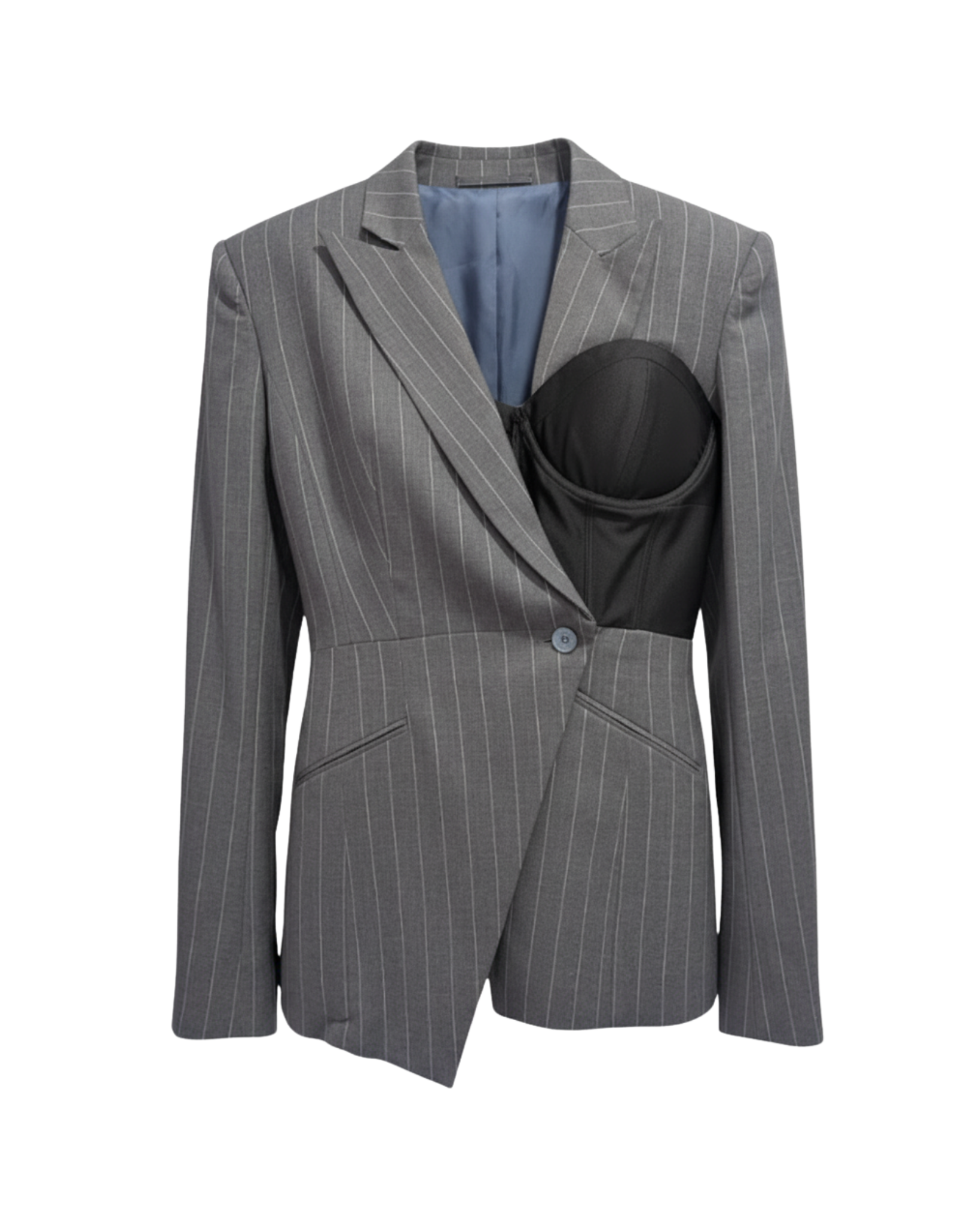 Tailory charcoal pinstripe asymmetric corset blazer front view