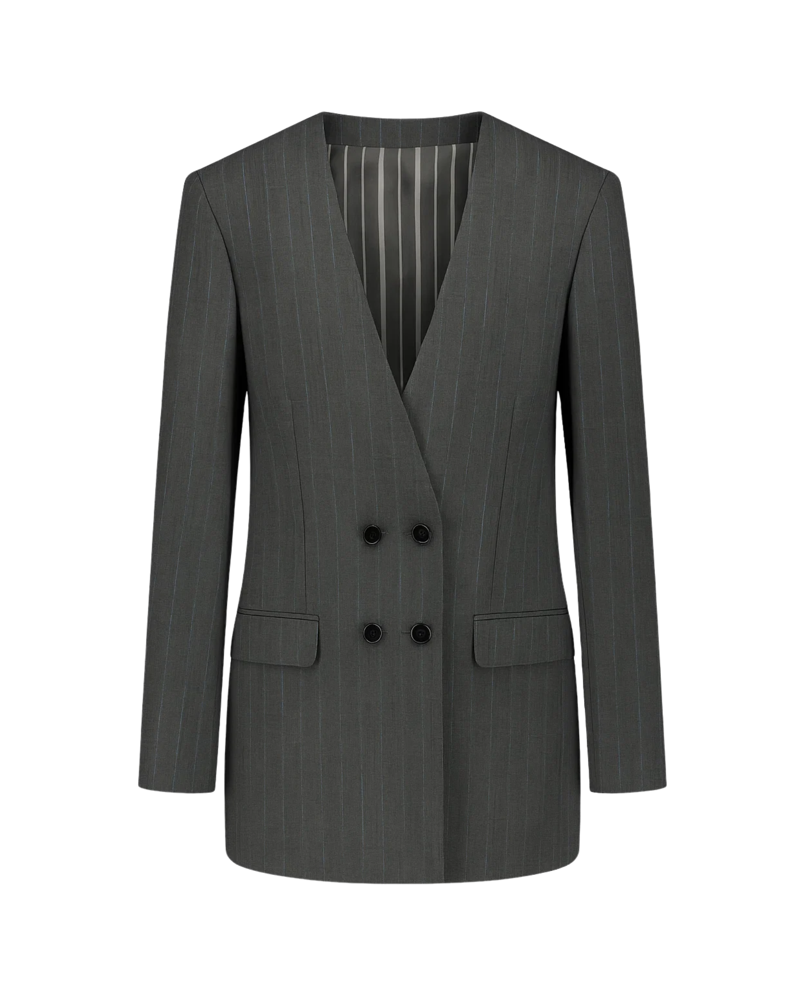 Tailory grey pinstripe deep-V double-breasted blazer front view
