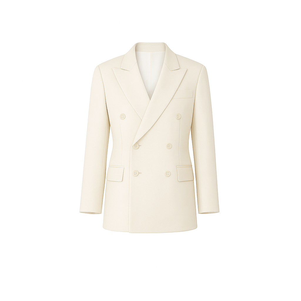 Tailory ivory Loro Piana double-breasted peak lapel wedding blazer front view