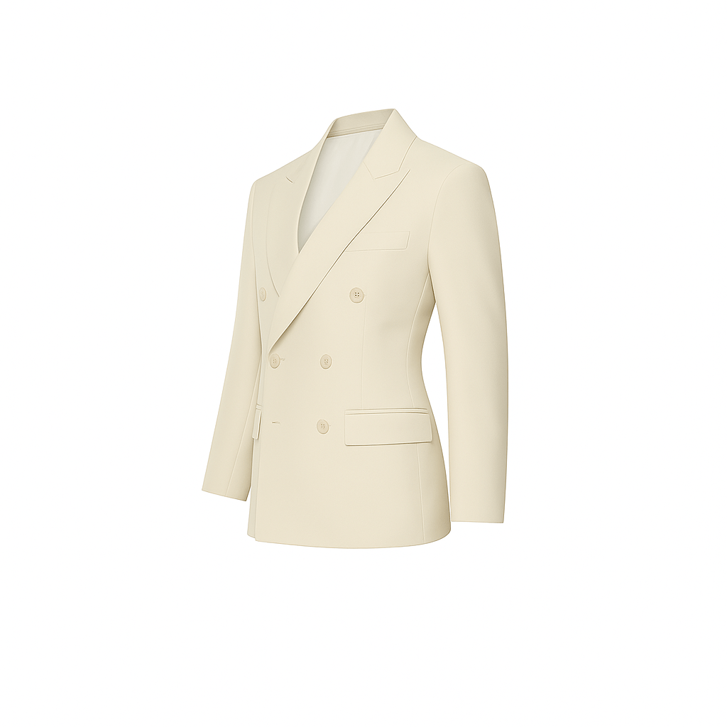 Tailory ivory Loro Piana double-breasted peak lapel wedding blazer side view