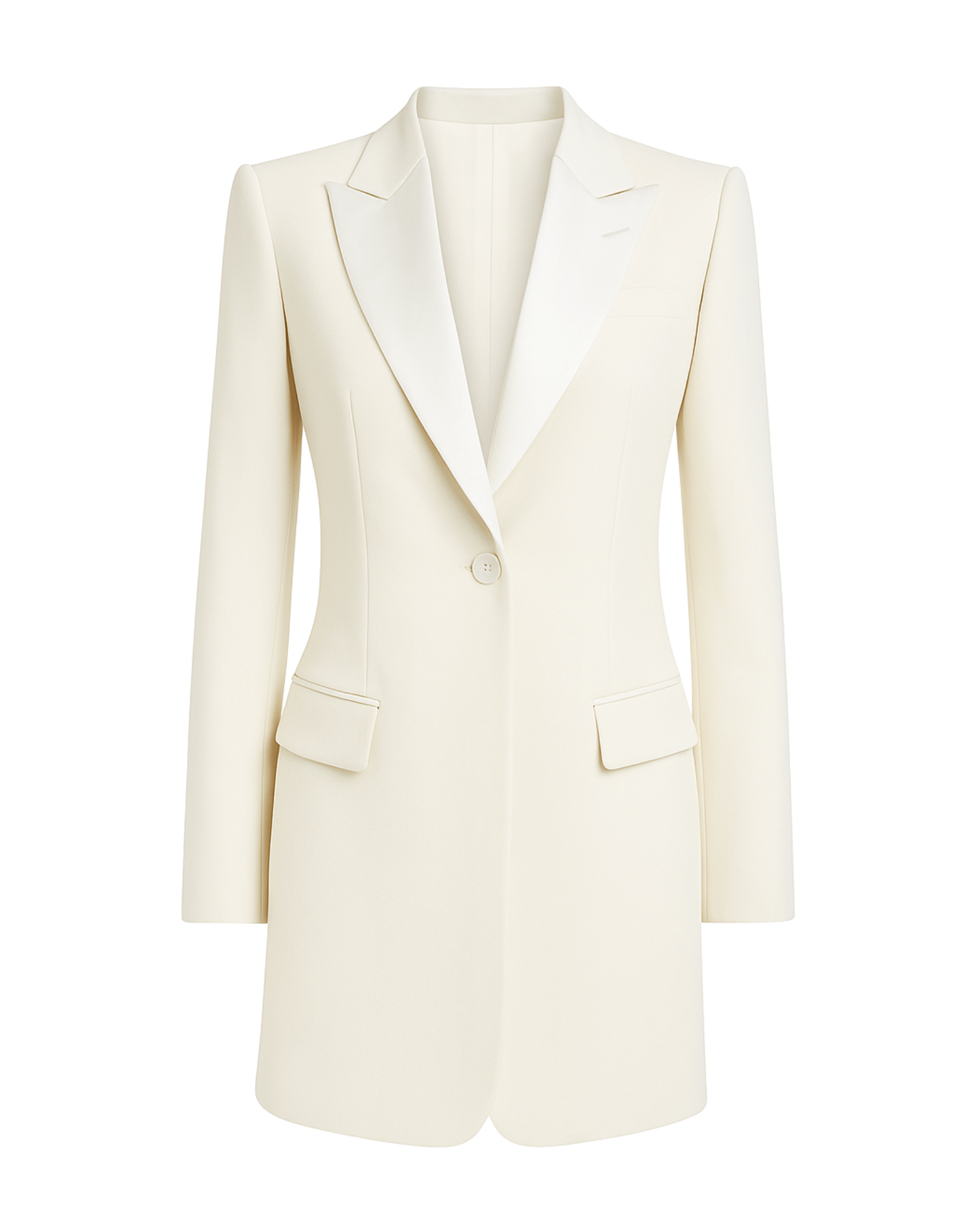 Tailory ivory longline blazer with satin lapels front view