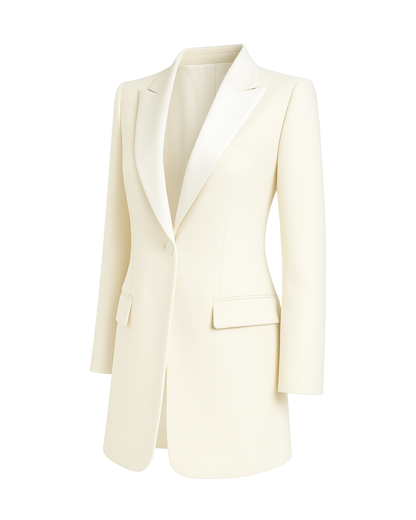 Tailory ivory longline blazer with satin lapels side view