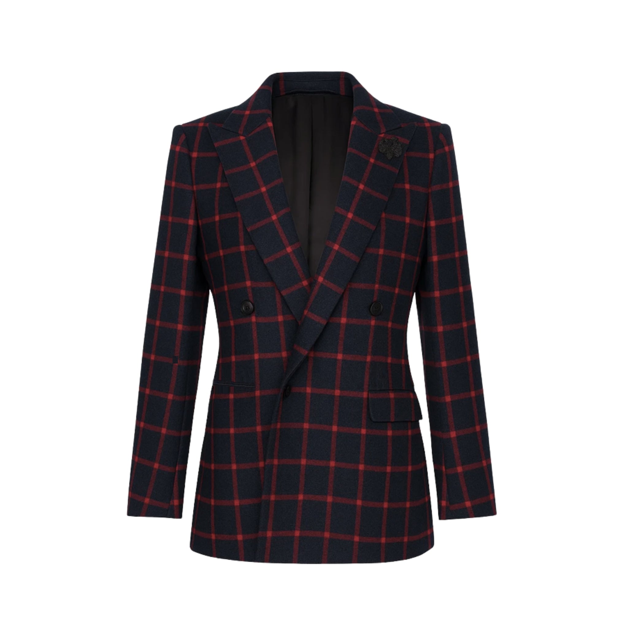 Tailory navy/red windowpane double-breasted peak-lapel blazer front view