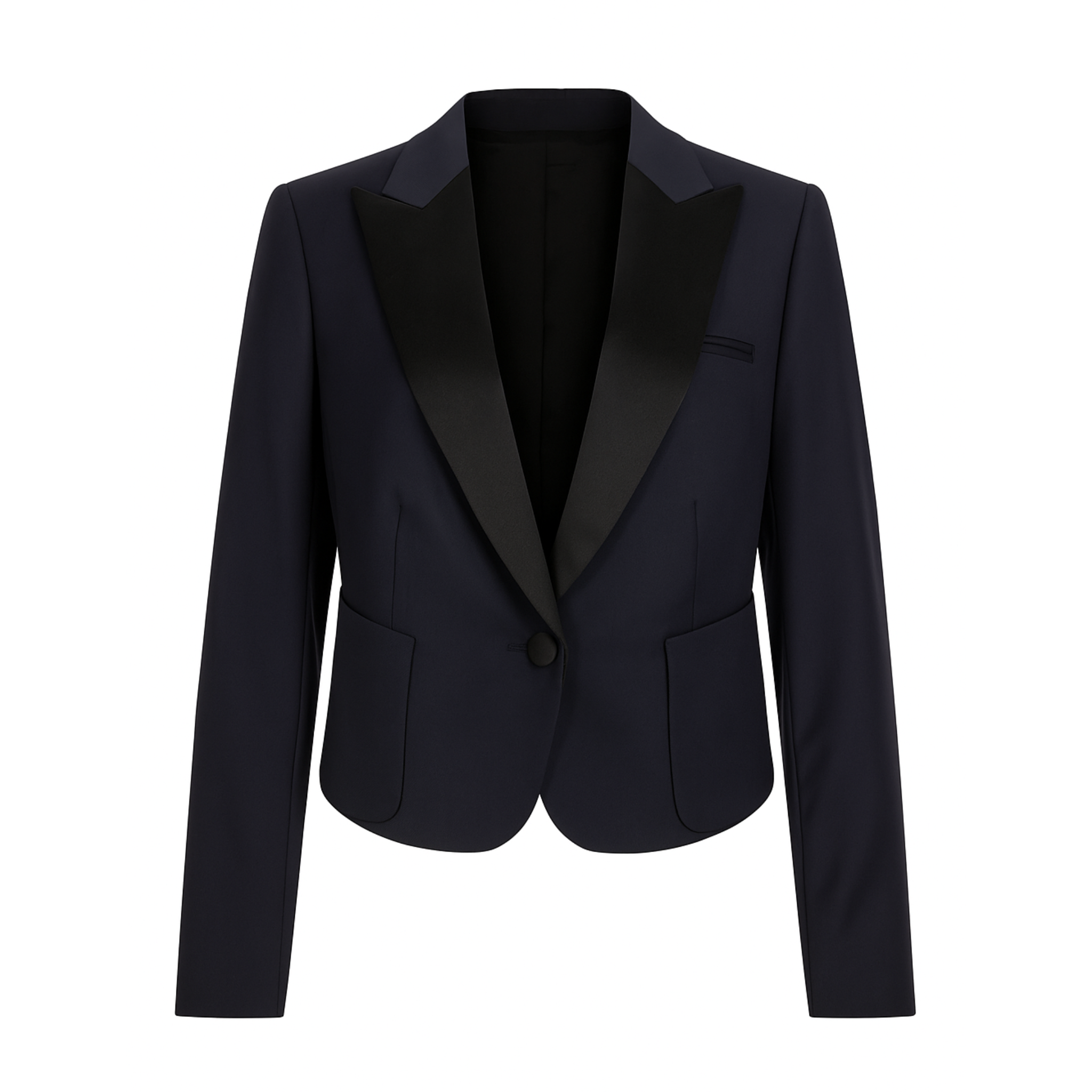 Tailory navy cropped tuxedo blazer with satin lapels front view