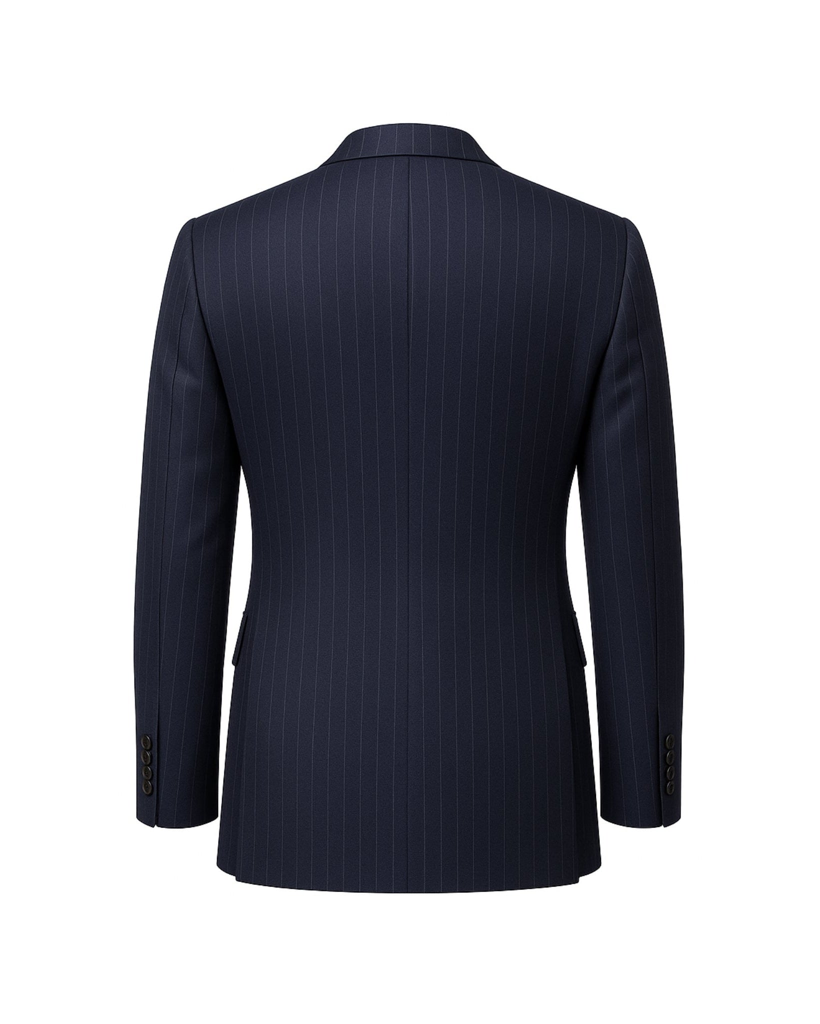 Tailory navy pinstripe wool men’s blazer back view