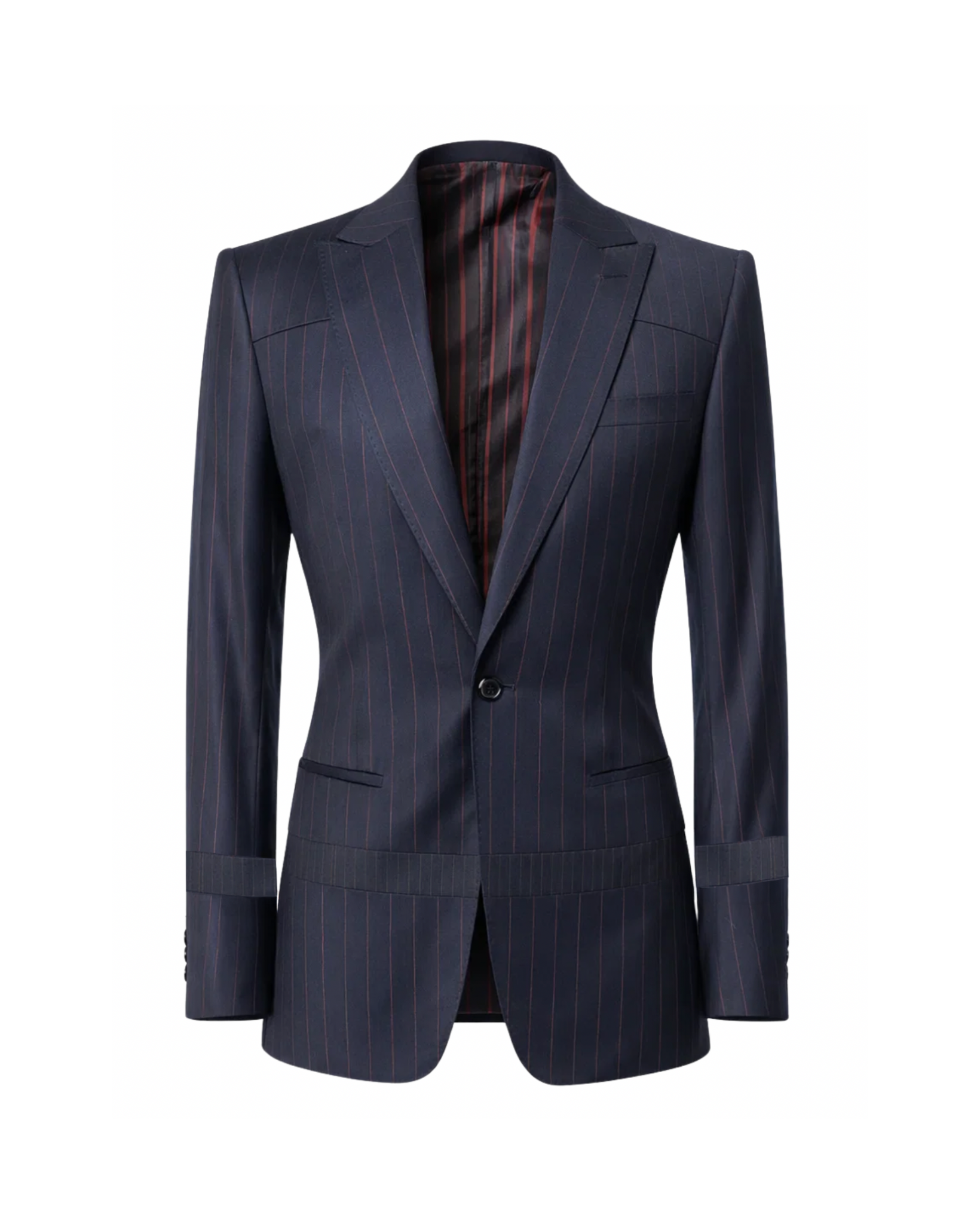 Tailory navy pinstriped blazer with notch lapels front view