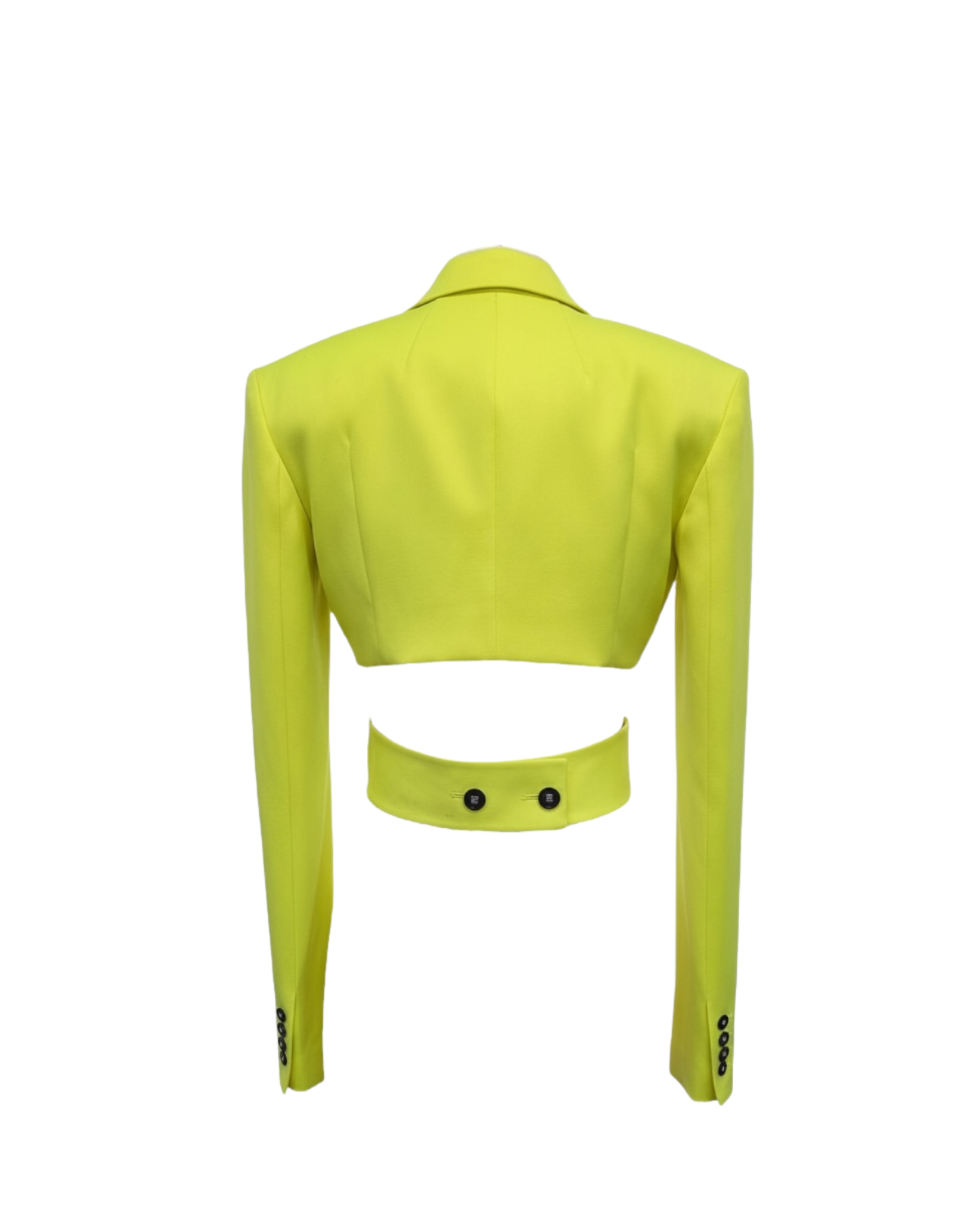 Tailory neon yellow cropped blazer with wrap-back cutout view
