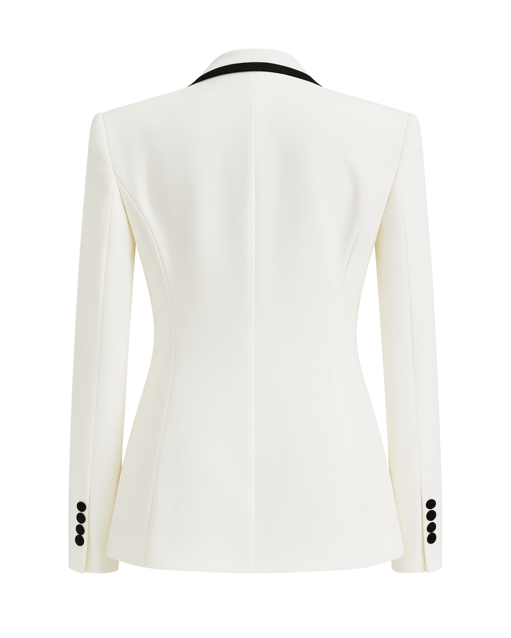 Tailory white tuxedo blazer with black piping back view