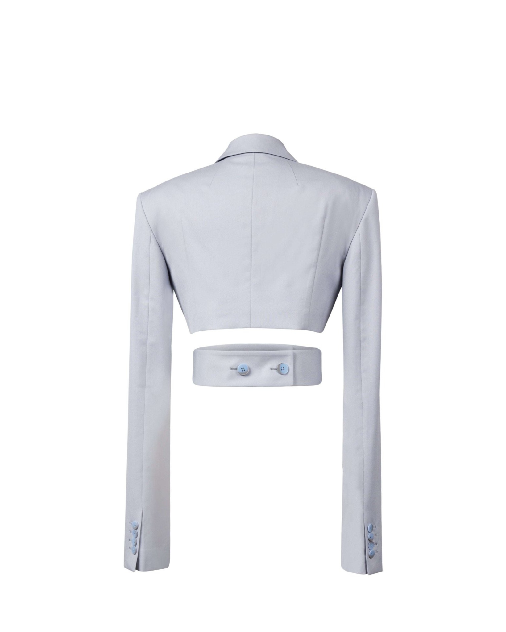 Tailory white cropped blazer back view with tailored sleeve construction