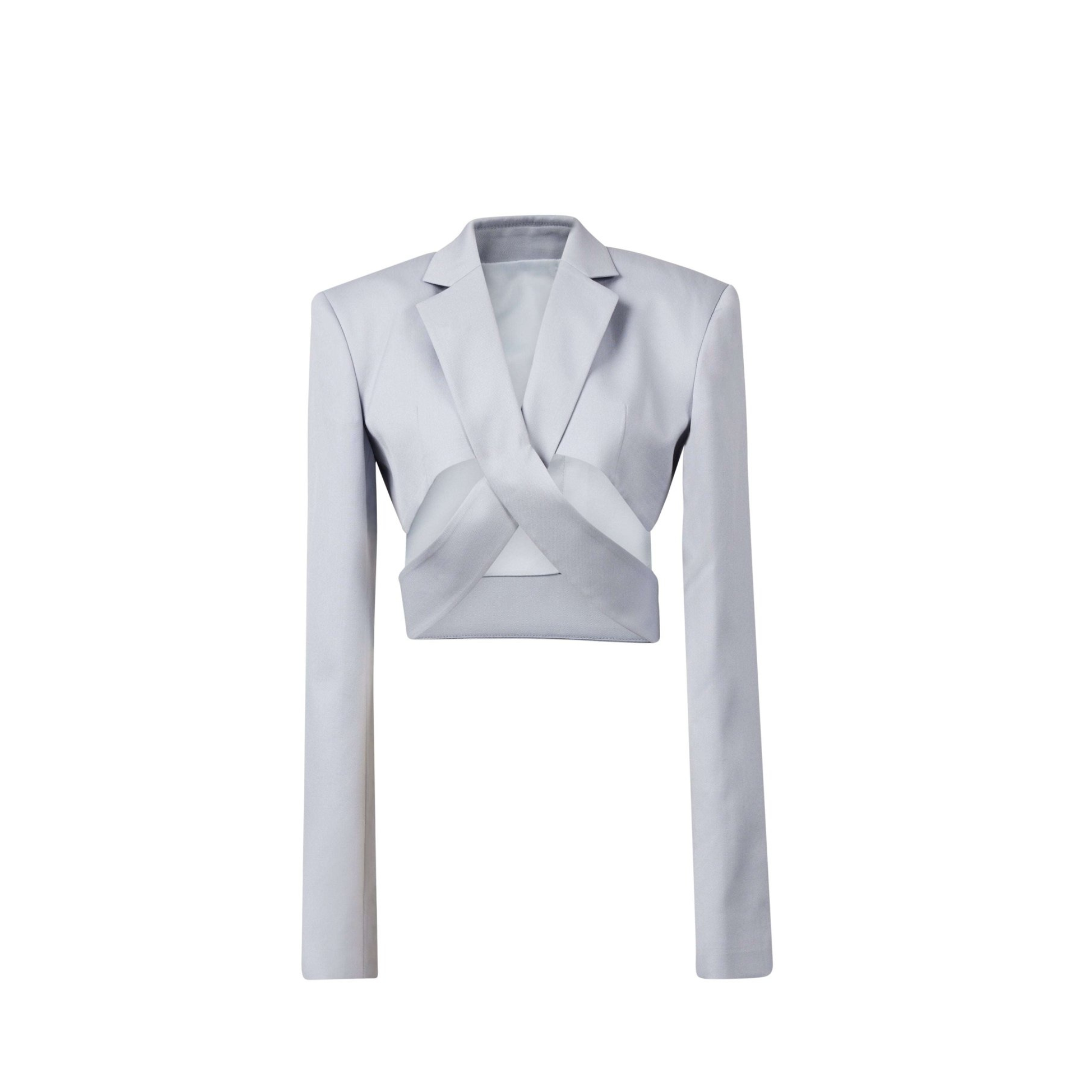 Tailory white wool-silk cutout blazer with cropped silhouette and crossover front panels