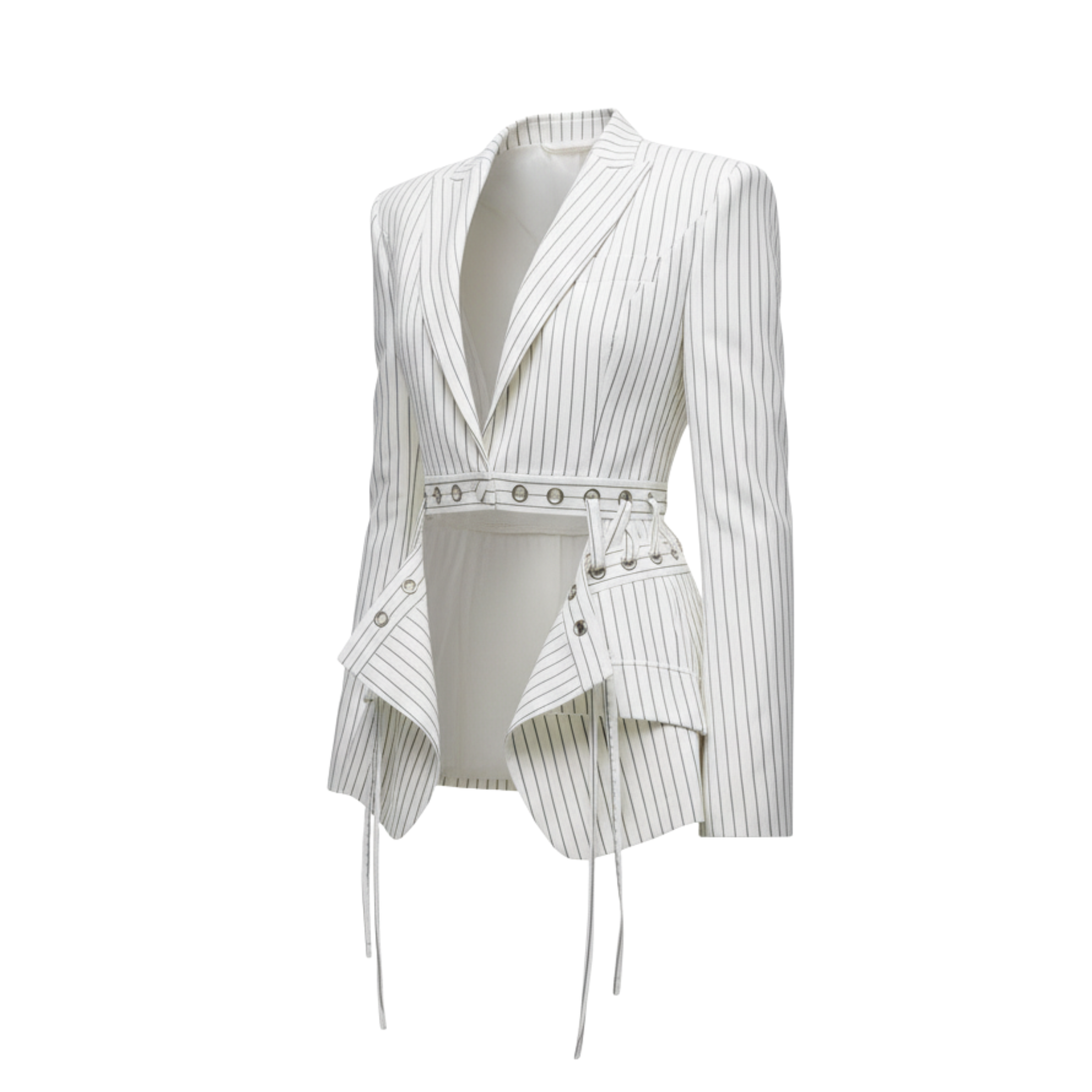Tailory white pinstripe blazer with corset belt side view