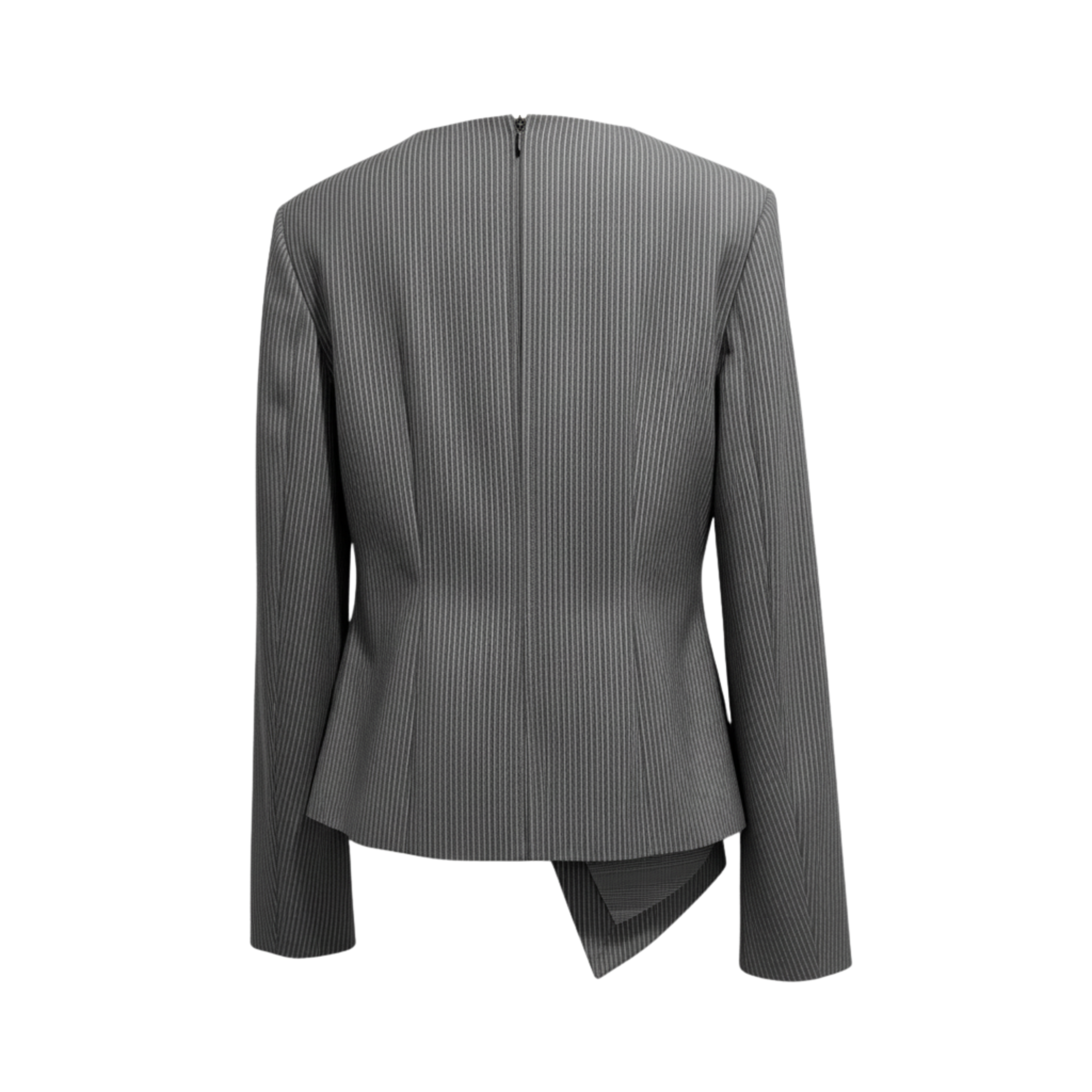 Tailory charcoal/black pinstripe asymmetric wrap blouse back view