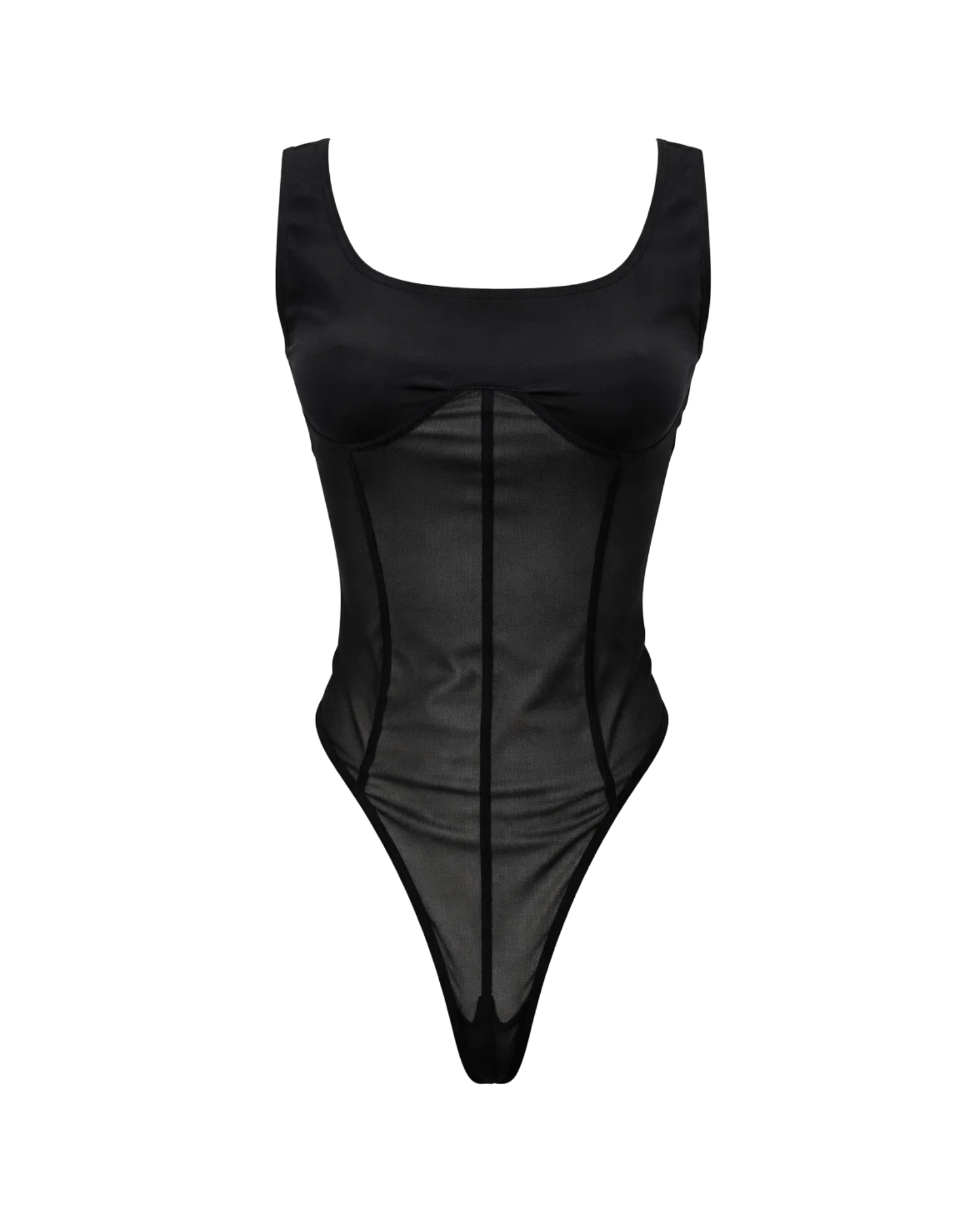 Tailory black structured bodysuit with sheer panels front view