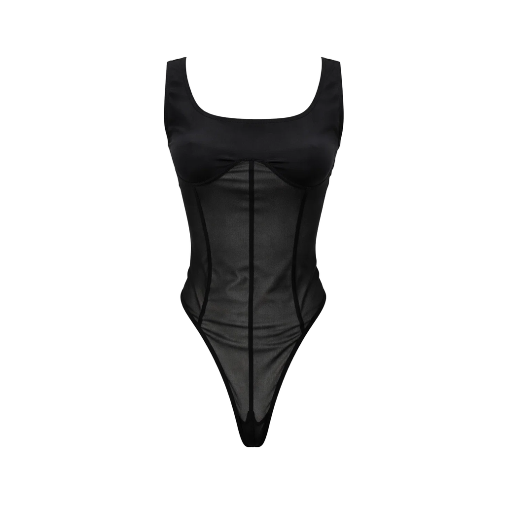 Black Structured Sheer-Panel Bodysuit