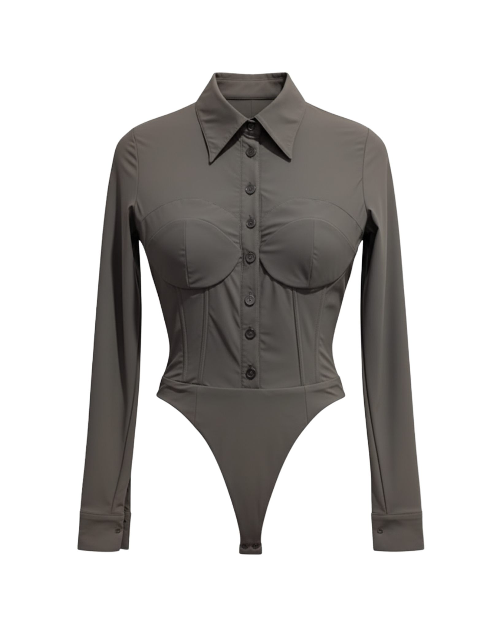 Tailory grey corseted bodysuit with button front and pointed collar front view