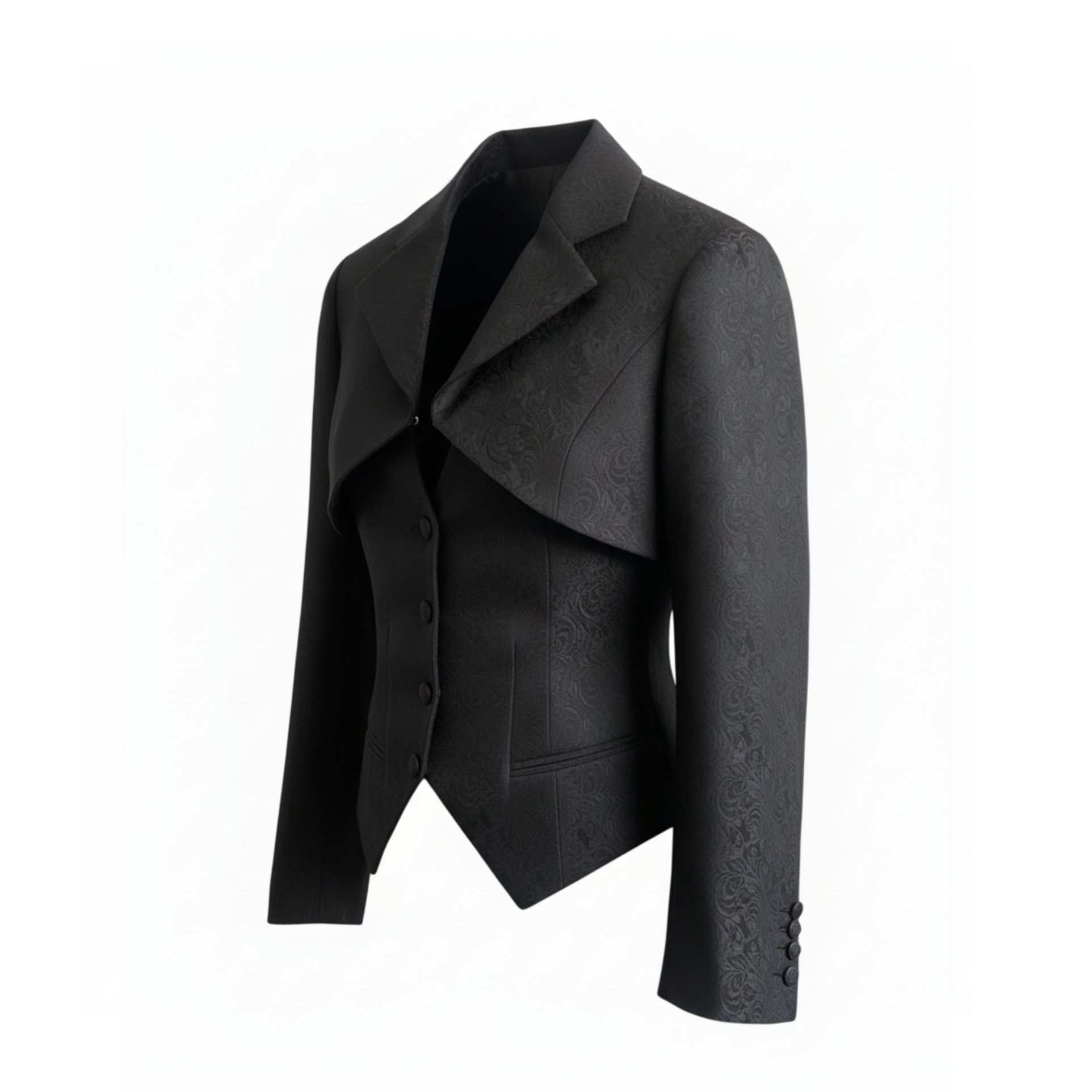 Side view of black floral brocade cropped jacket showing contoured seaming