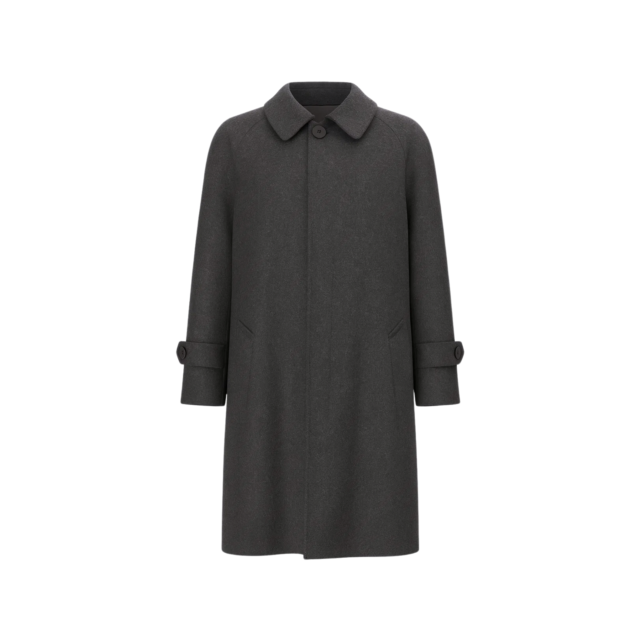 Tailory charcoal wool car coat with concealed closure front view