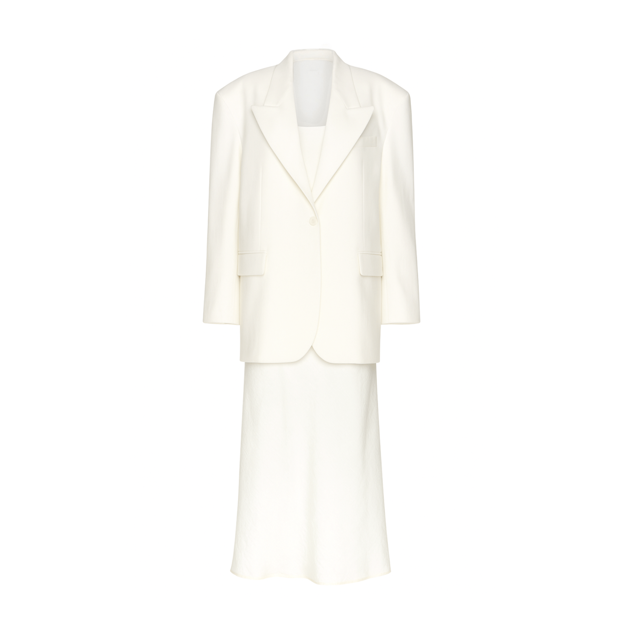 Ivory Loro Piana blazer and slip dress set front view