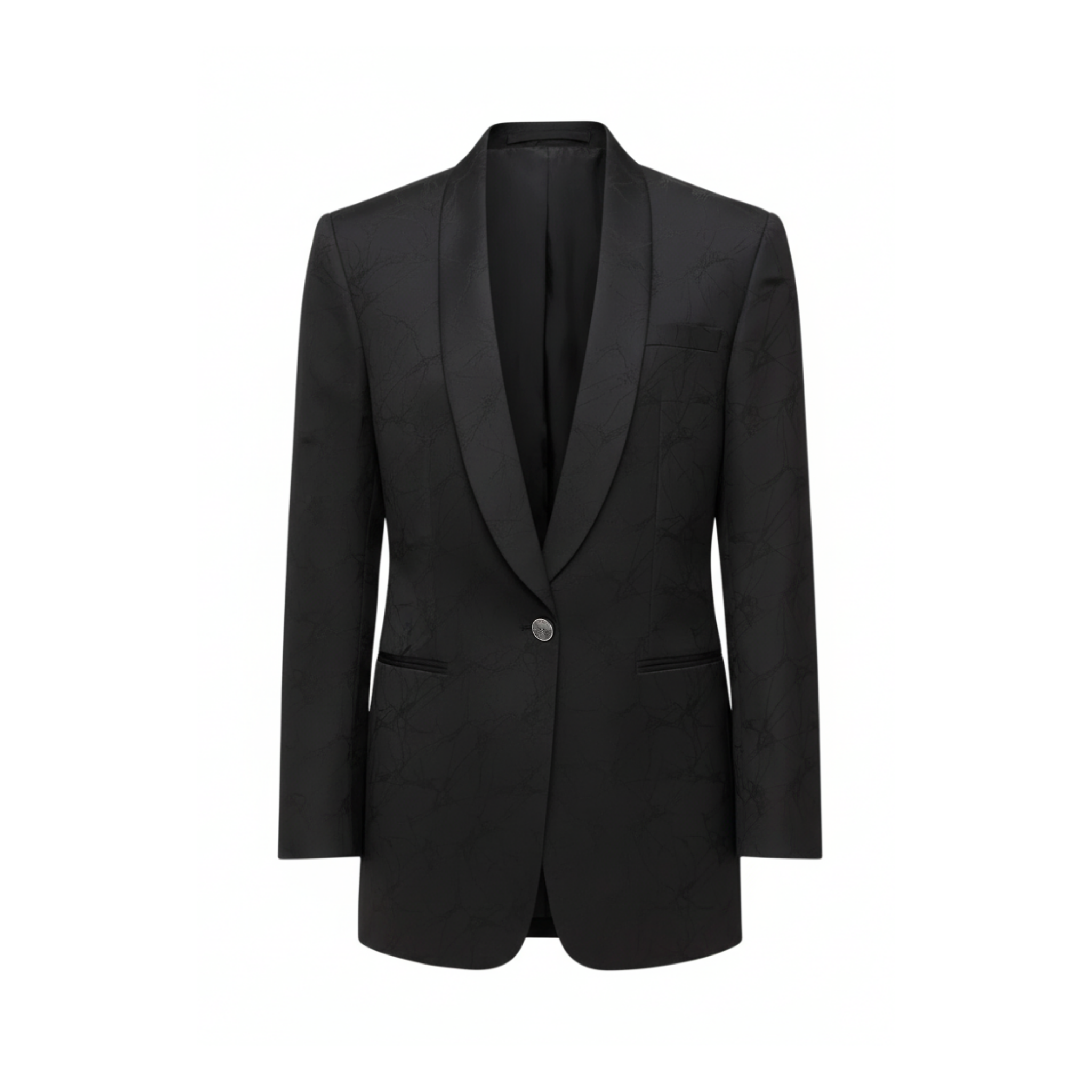 Tailory black spiderweb jacquard tuxedo coat with satin shawl collar front view