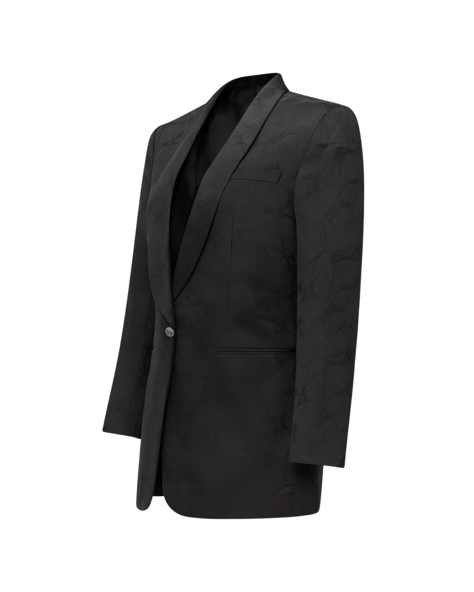 Tailory black spiderweb jacquard tuxedo coat satin shawl collar side view