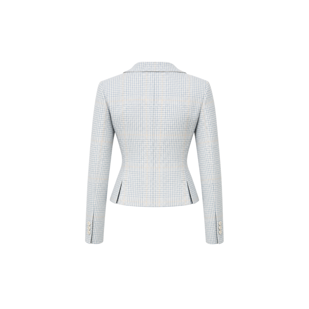 The Tailory New York blue houndstooth Loro Piana cropped jacket back view