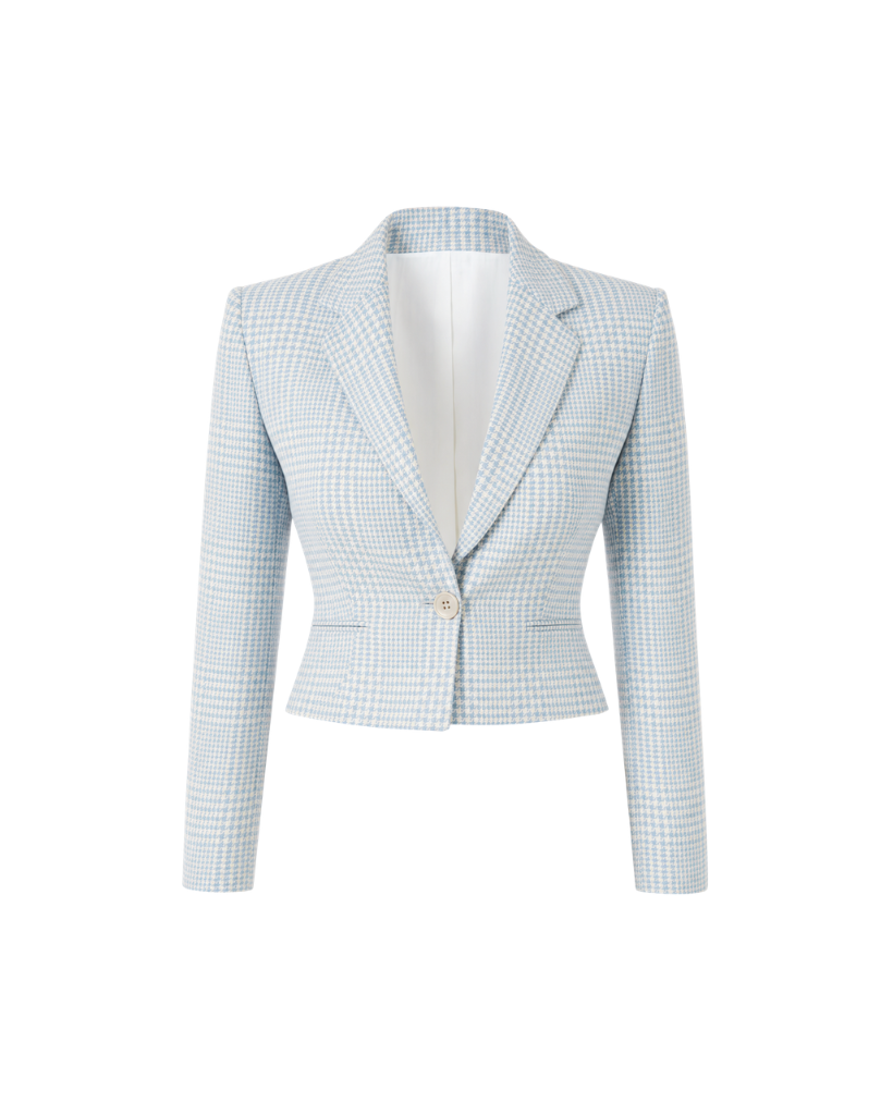 The Tailory New York blue houndstooth Loro Piana cropped jacket front view