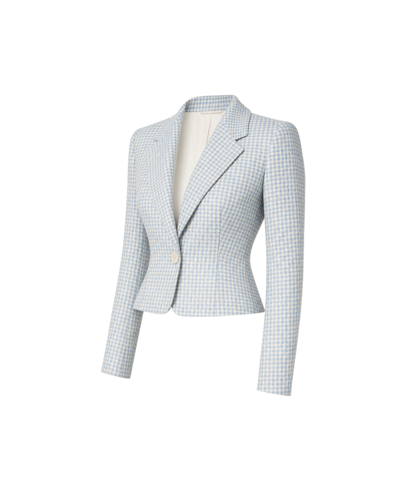 The Tailory New York blue houndstooth Loro Piana cropped jacket three quarter view