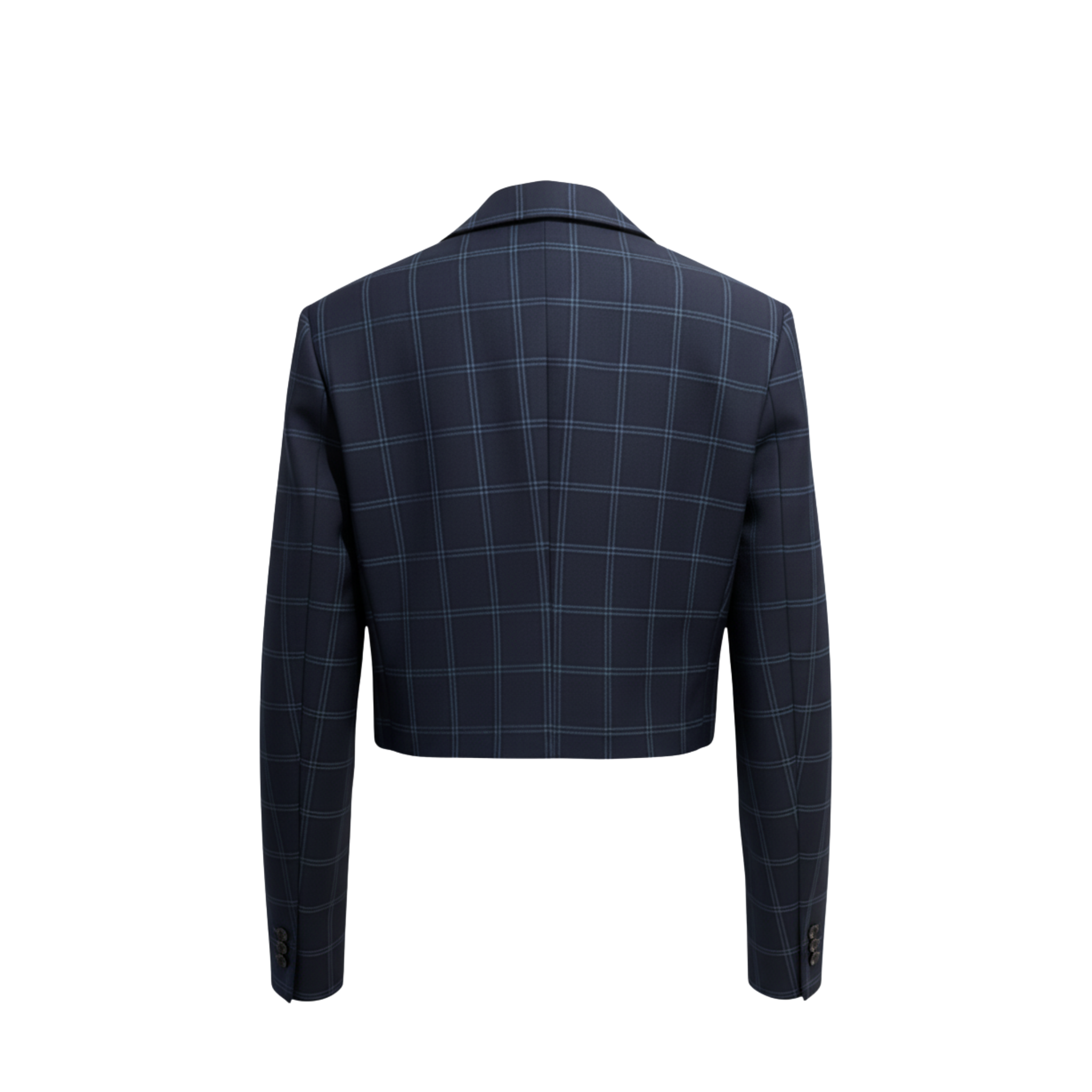 Tailory navy windowpane cropped double-breasted jacket back view