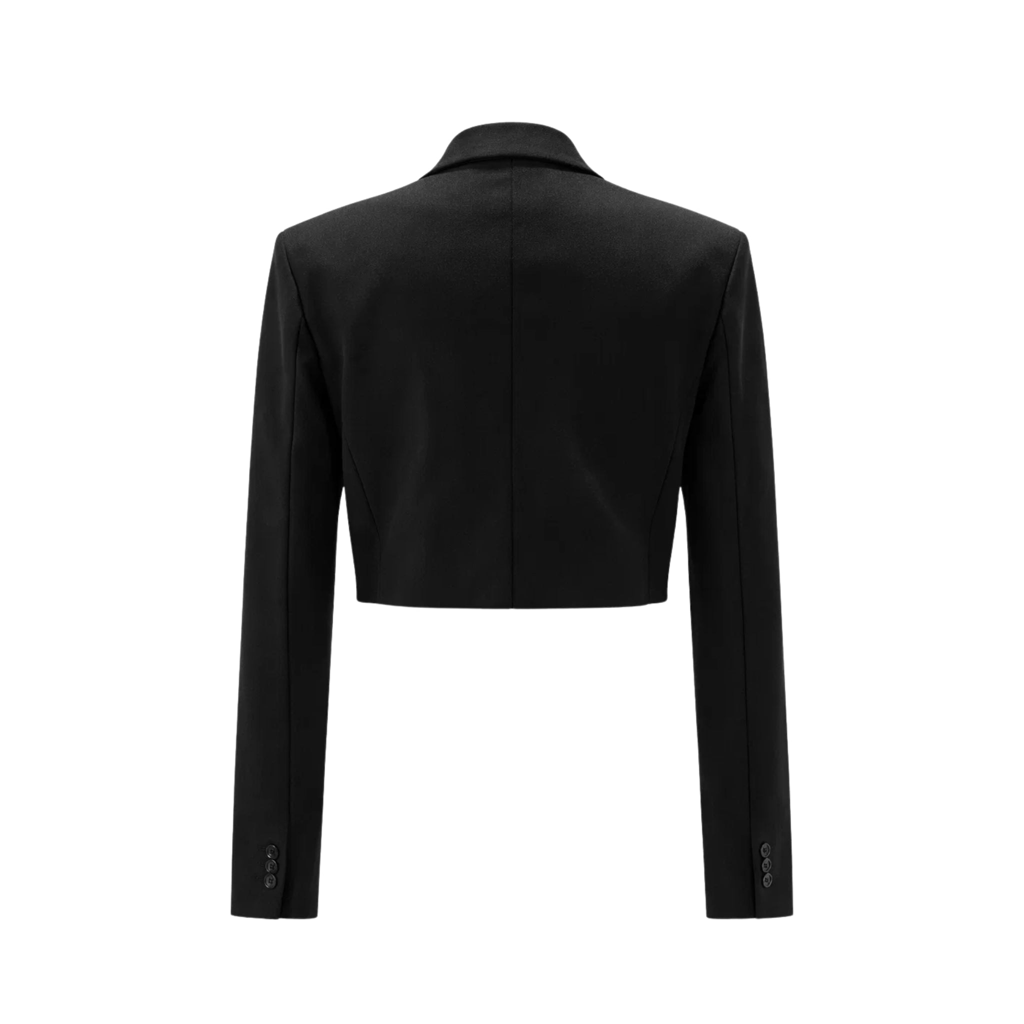 Tailory black cropped double-breasted peak-lapel jacket back view