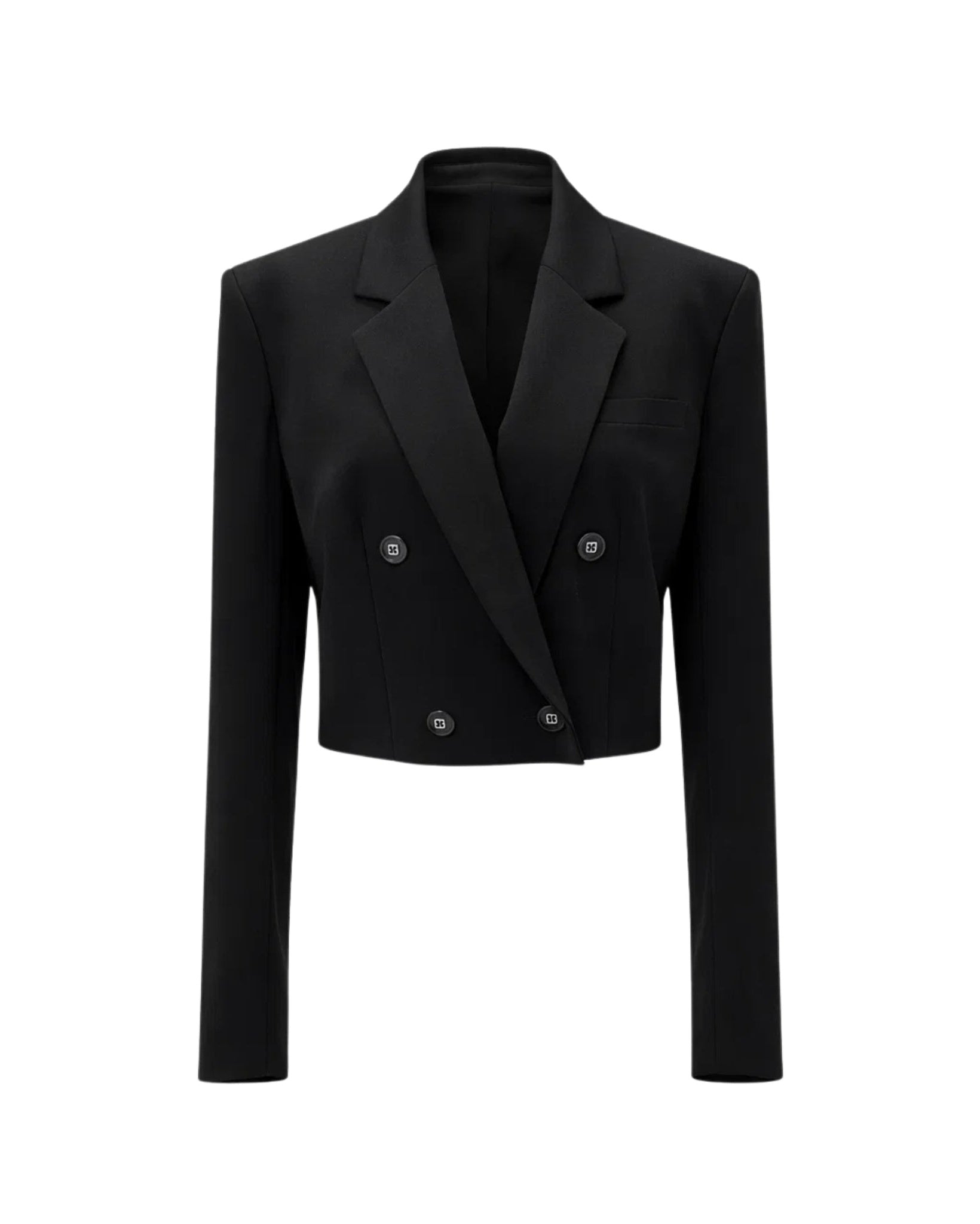 Tailory black cropped double-breasted peak-lapel jacket front view