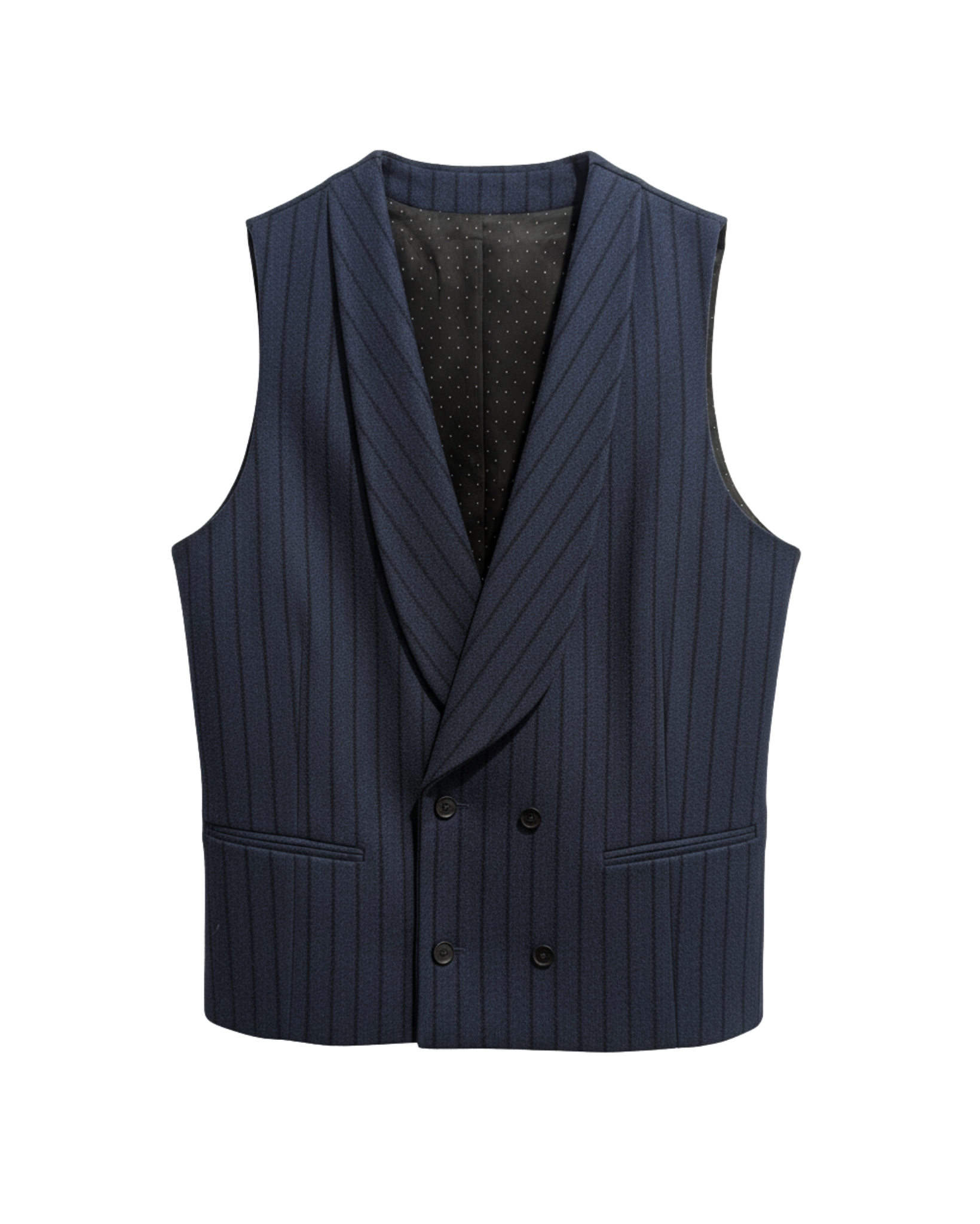 Tailory navy pinstripe double-breasted vest with shawl lapels front view