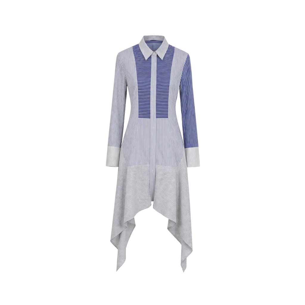 shirt dress blue and white striped Off Shoulder Ruched Fitted Dress In Dusty Blue