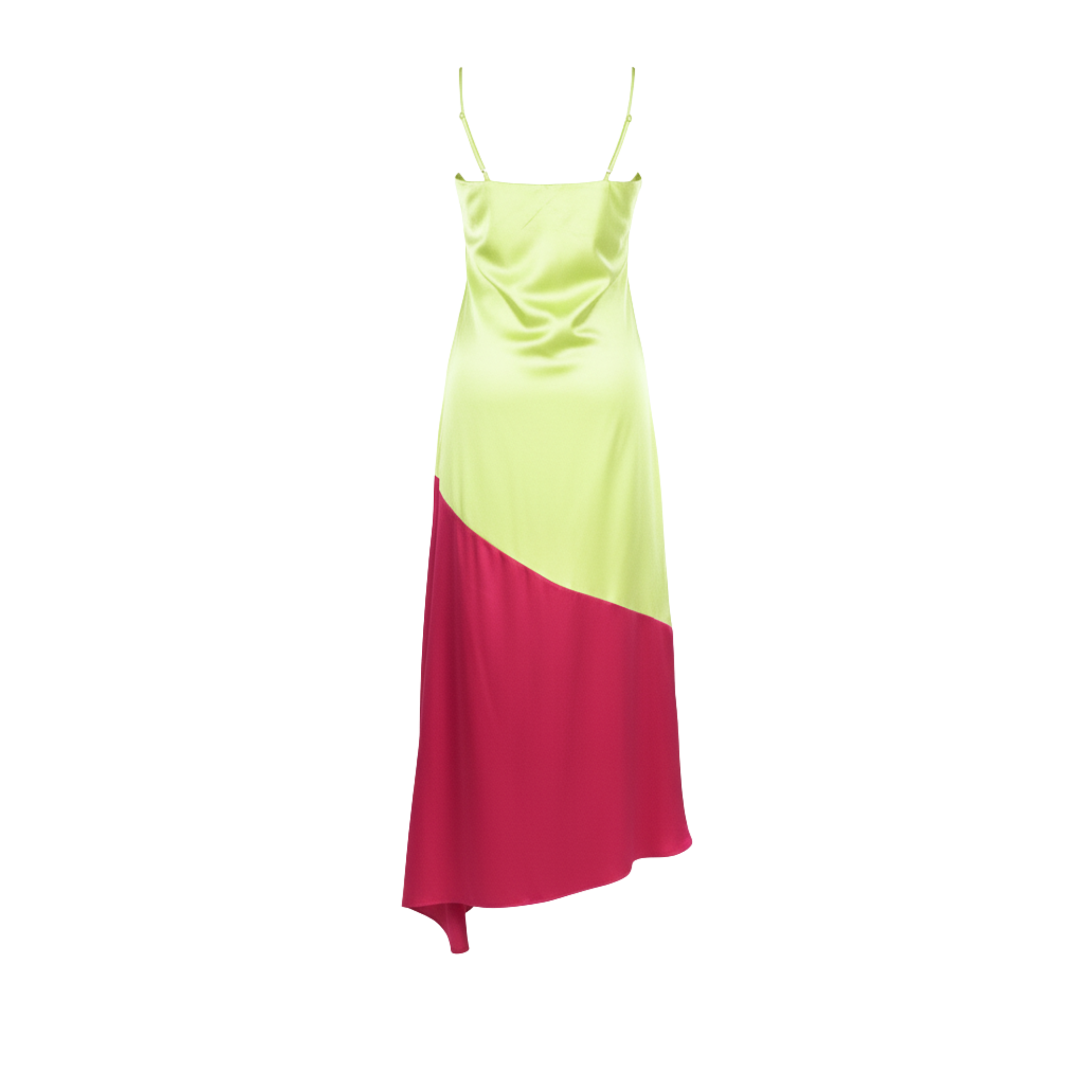 Tailory fluorescent yellow and deep pink asymmetrical silk slip dress back view