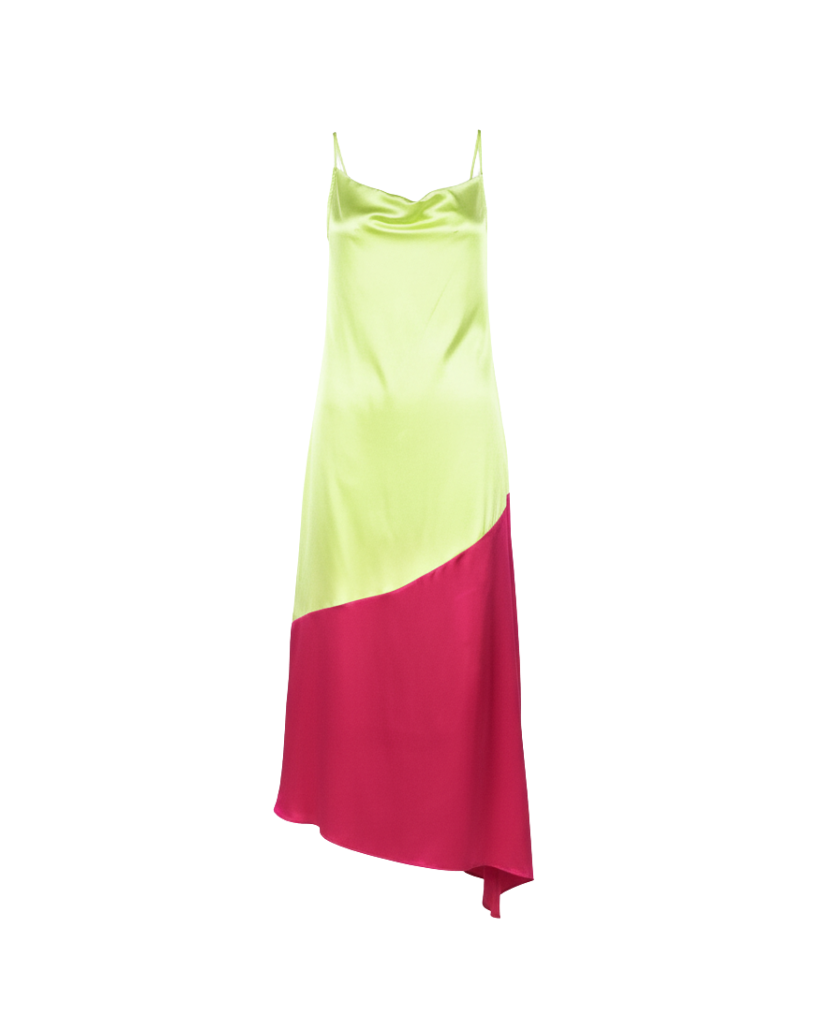 Tailory fluorescent yellow and deep pink asymmetrical silk slip dress front view