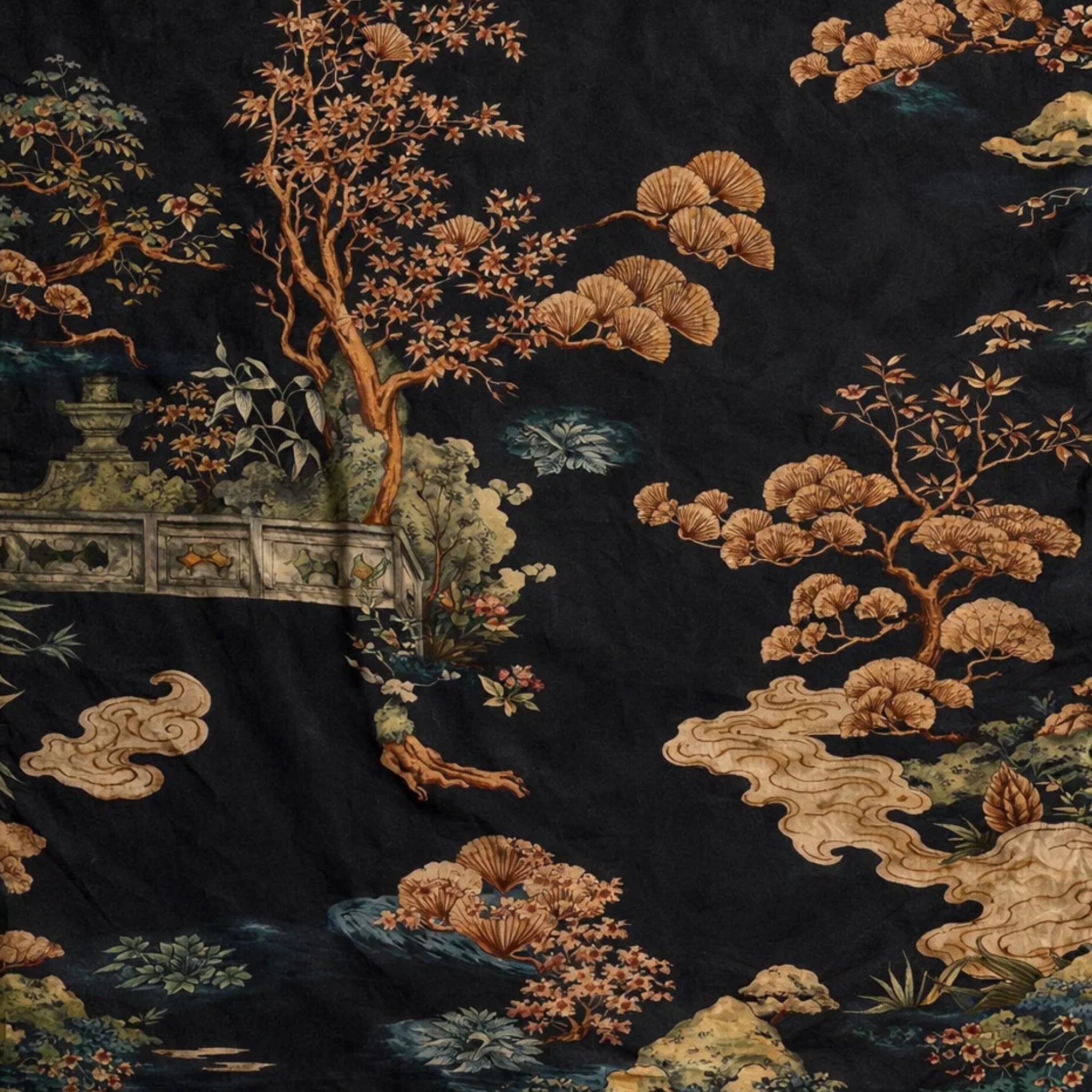 Tailory black and gold floral fabric detail