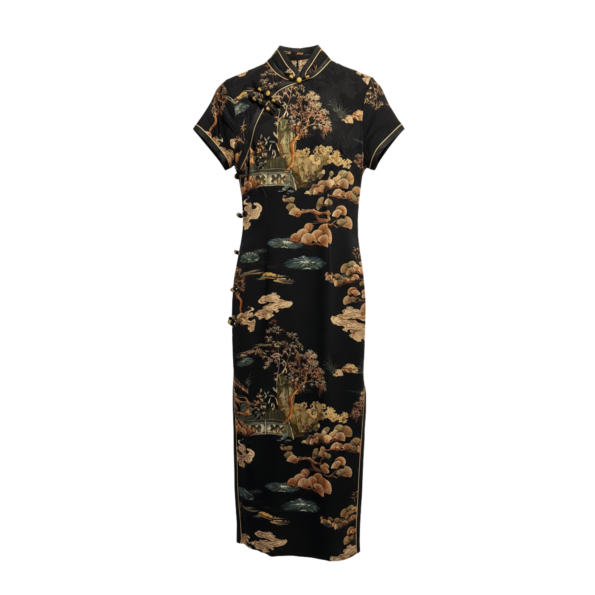 Traditional black dress with gold floral patterns on a white background