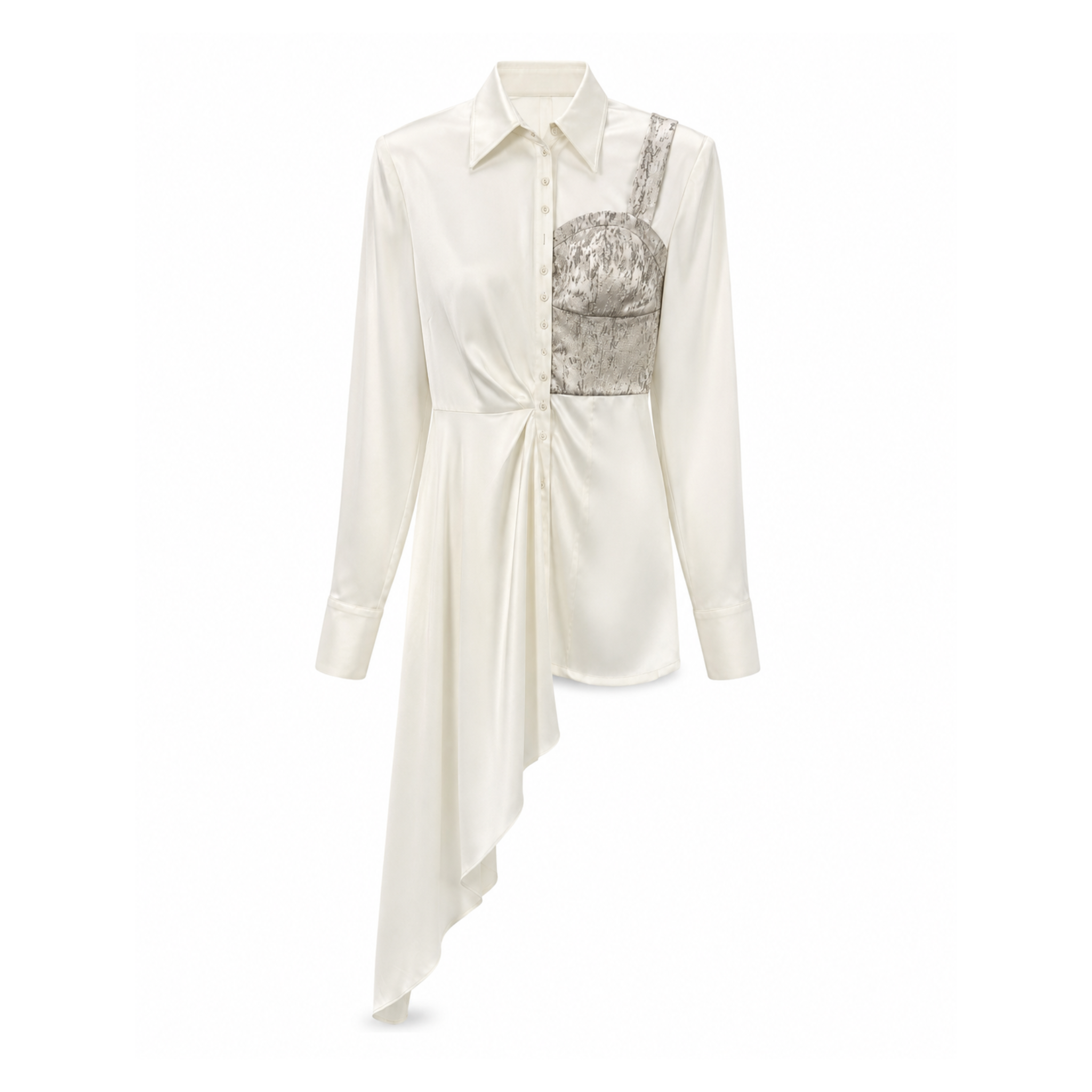 Tailory ivory asymmetric draped shirt front view with metallic corset detail and cascading hem
