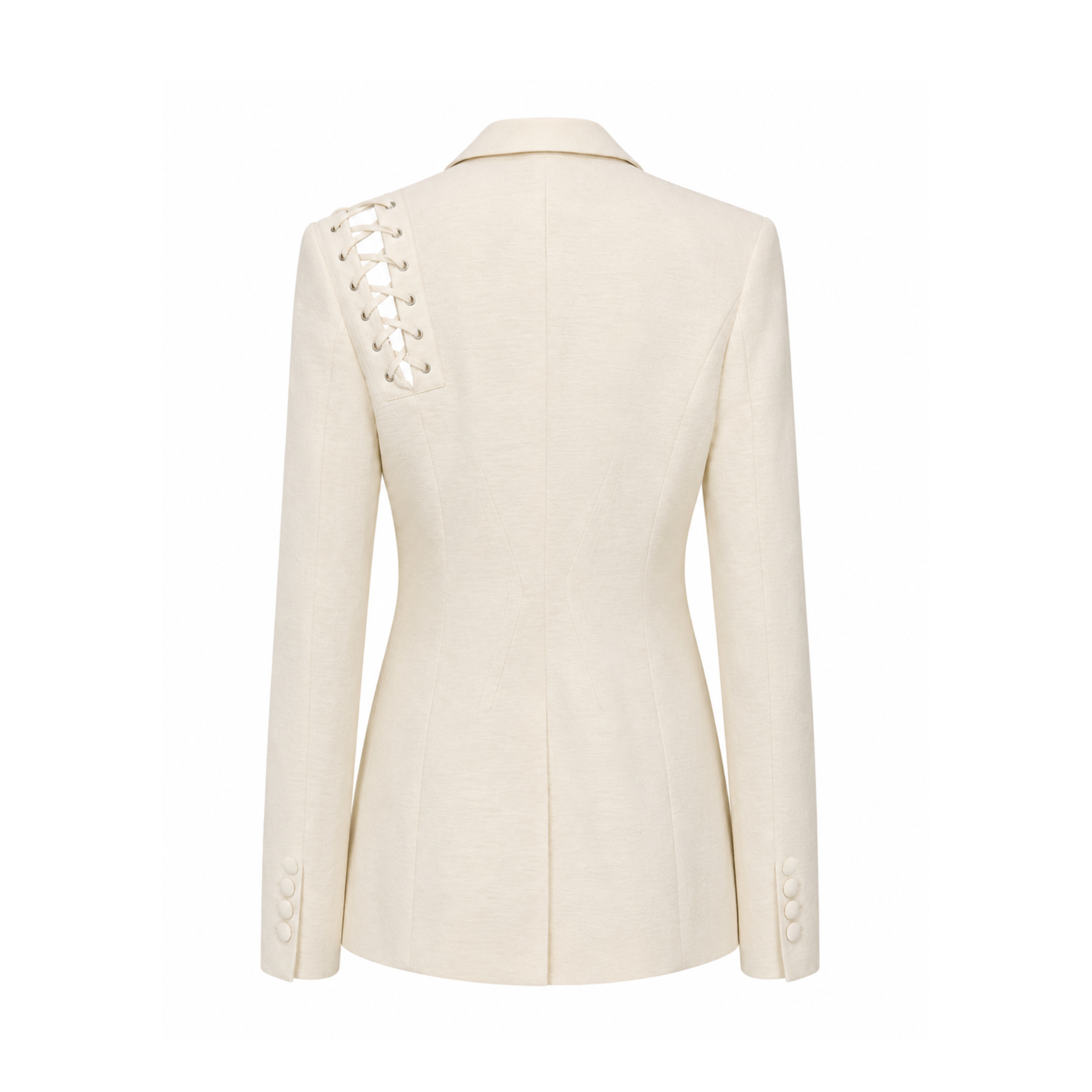 Tailory ivory lace-up tailored blazer back view with notched lapels and single-button closure