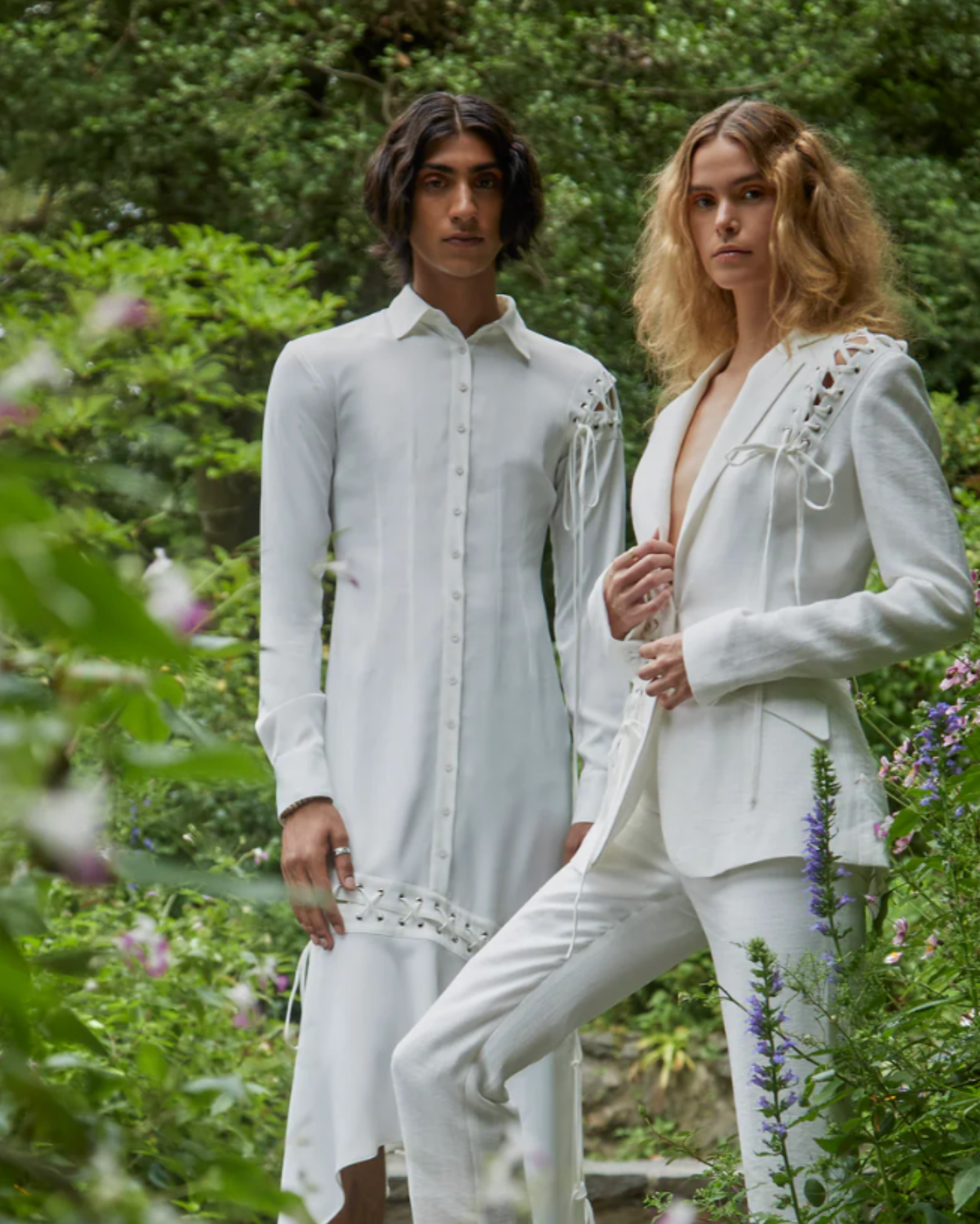Tailory ivory lace-up tailored blazer styled in garden campaign with coordinated white tailoring