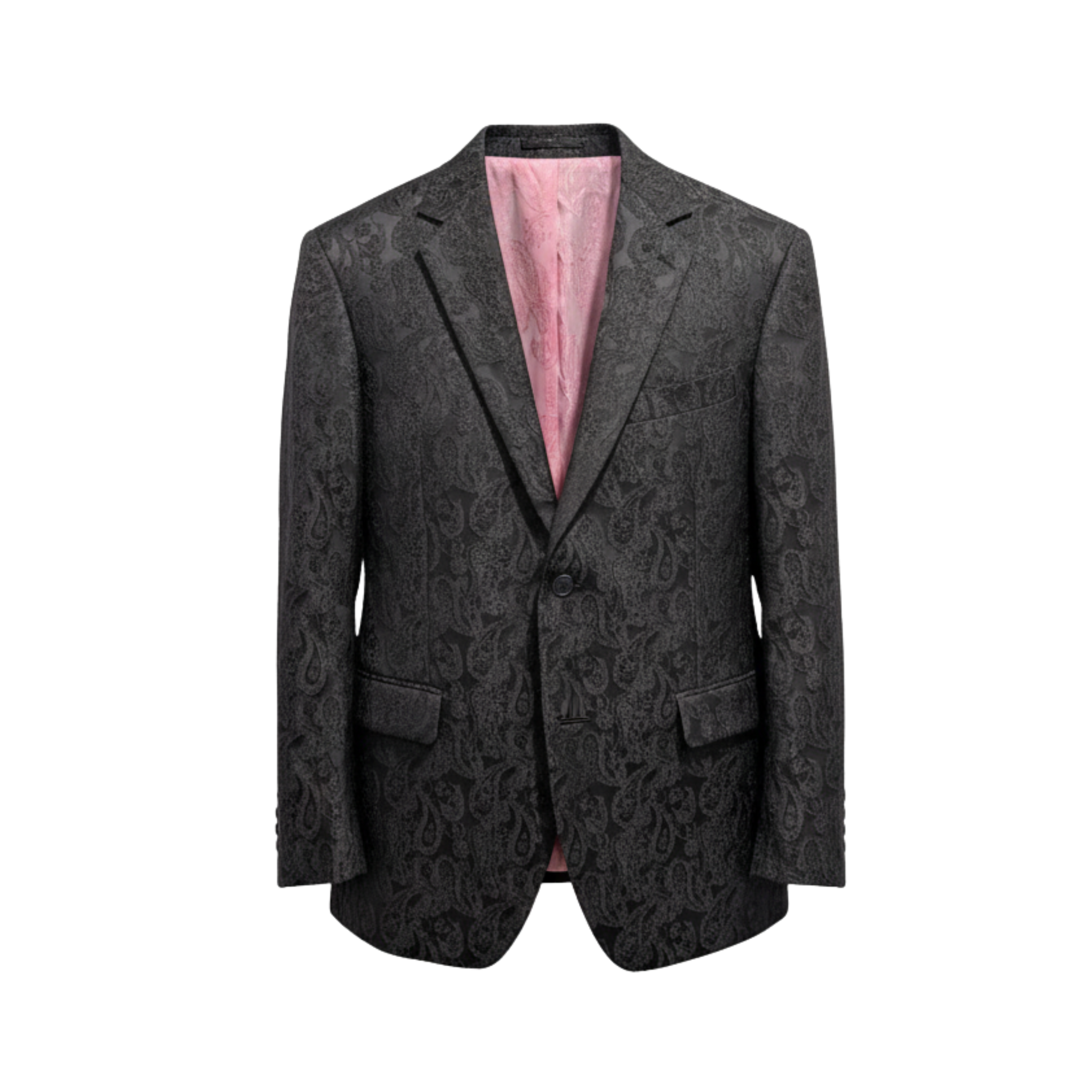 Tailory black crinkled jacquard evening jacket with pink lining front view