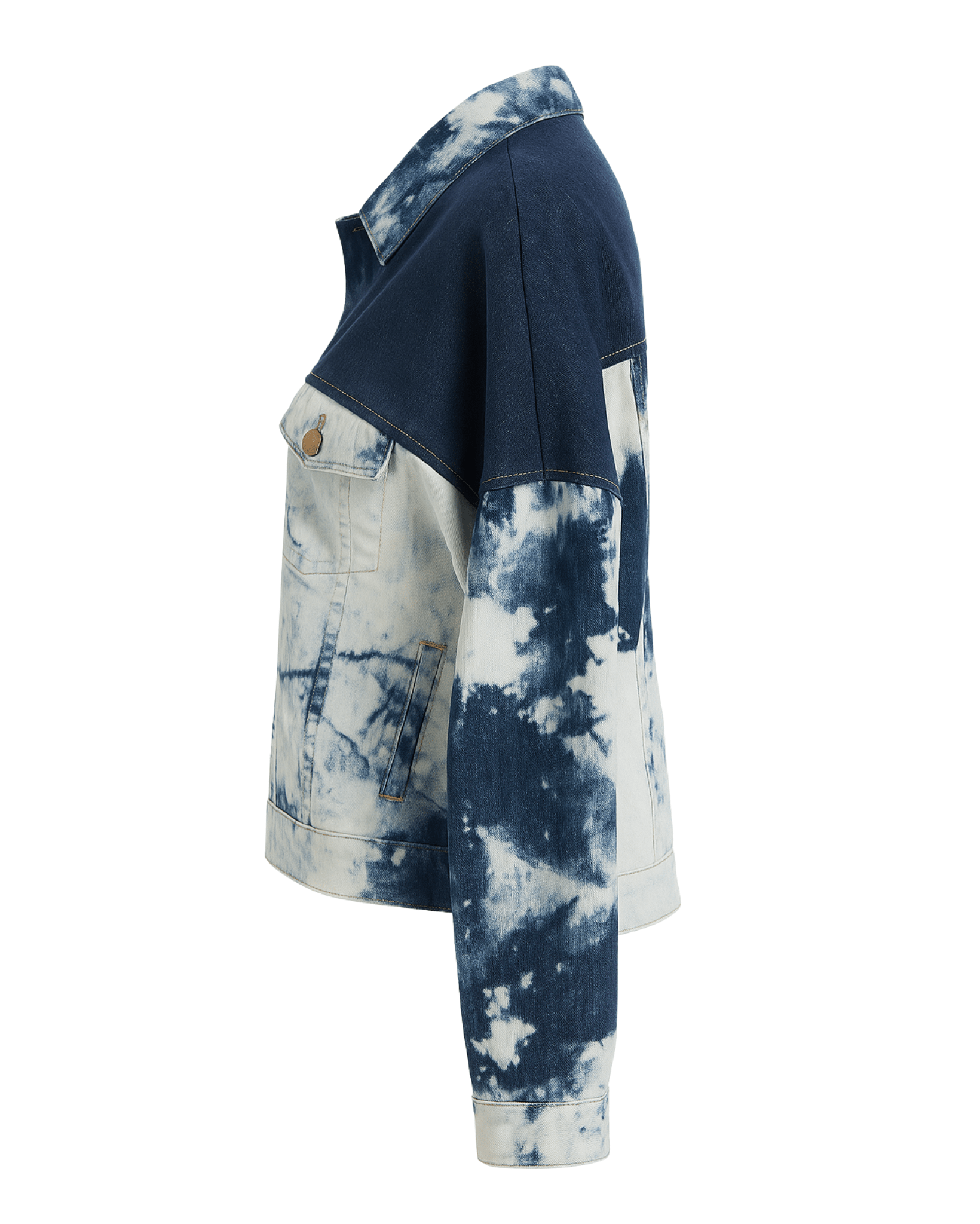 Tailory blue and white tie-dye denim jacket side view