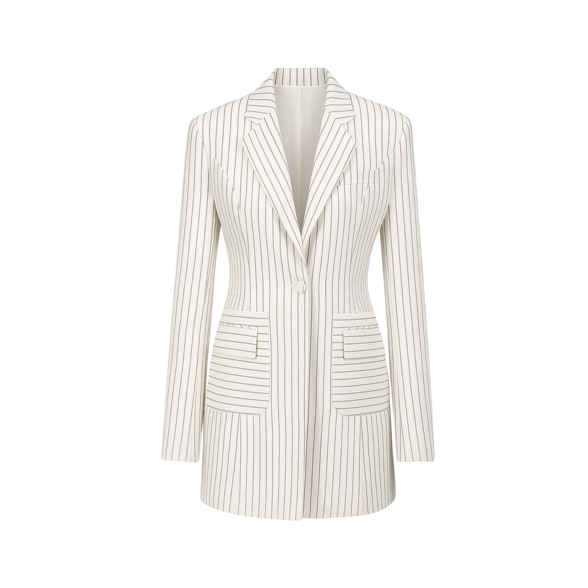 Tailory white/black pinstripe corset-back tailored jacket front view