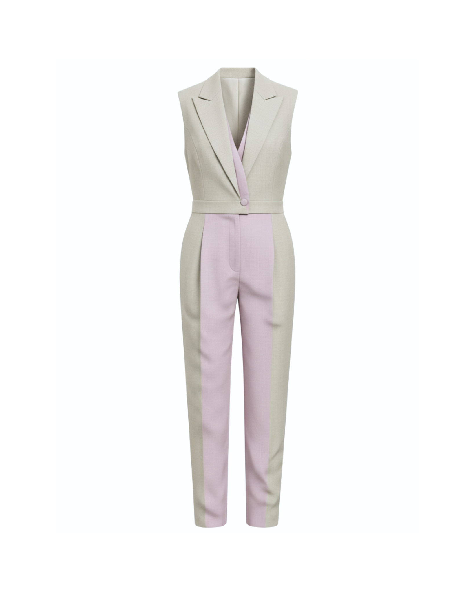 Tailory_Jumpsuit_BeigeLavender_ColorBlock_Suited_FrontView