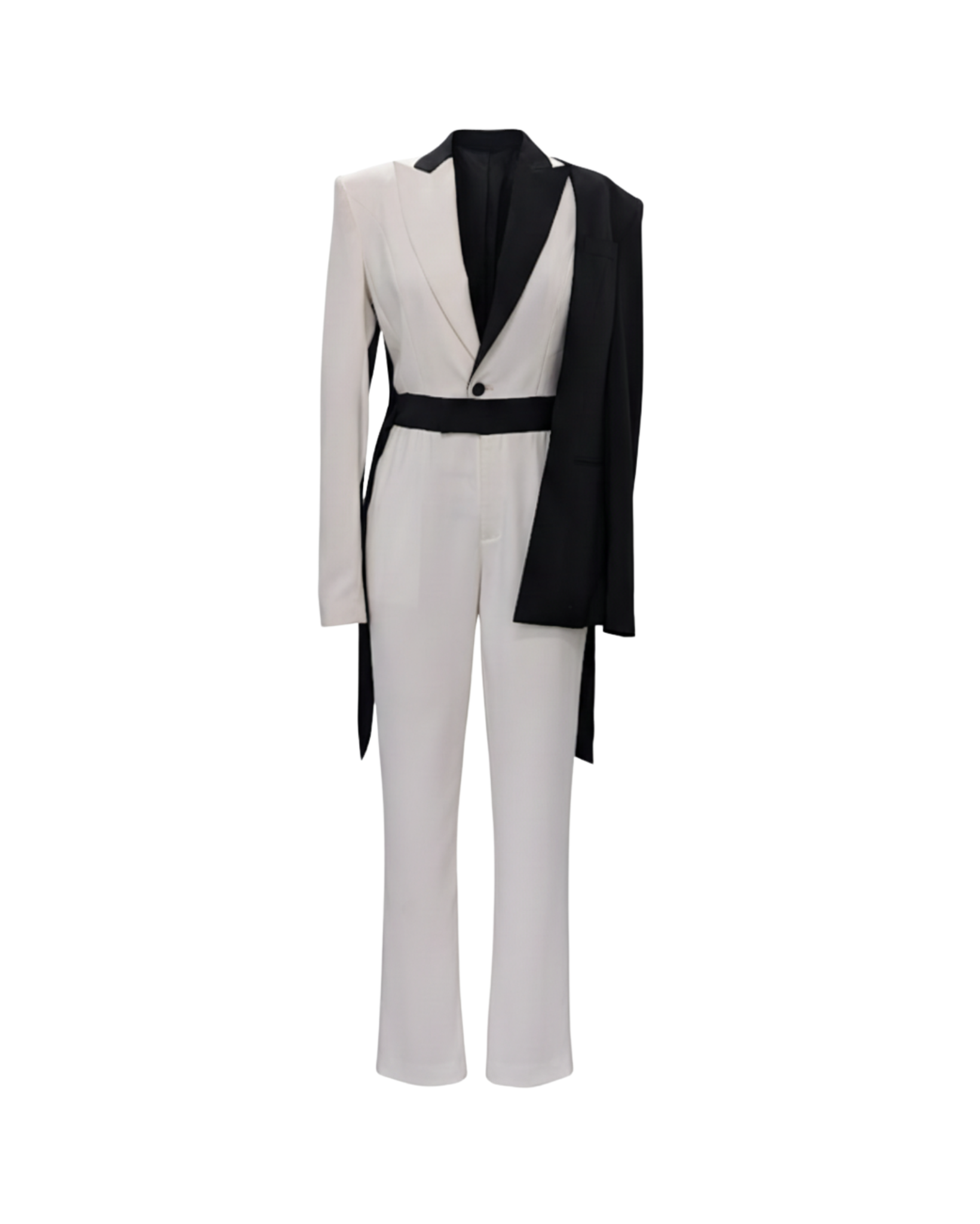 Tailory black and white asymmetric colorblock belted jumpsuit front view