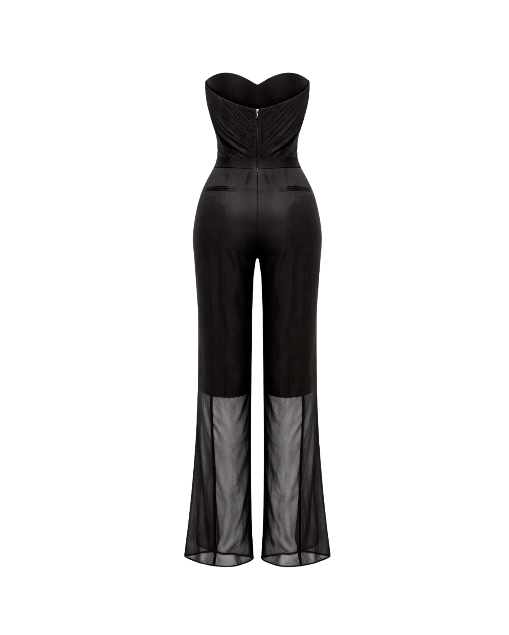 Tailory black strapless jumpsuit with wide-leg silhouette and sheer hem back view