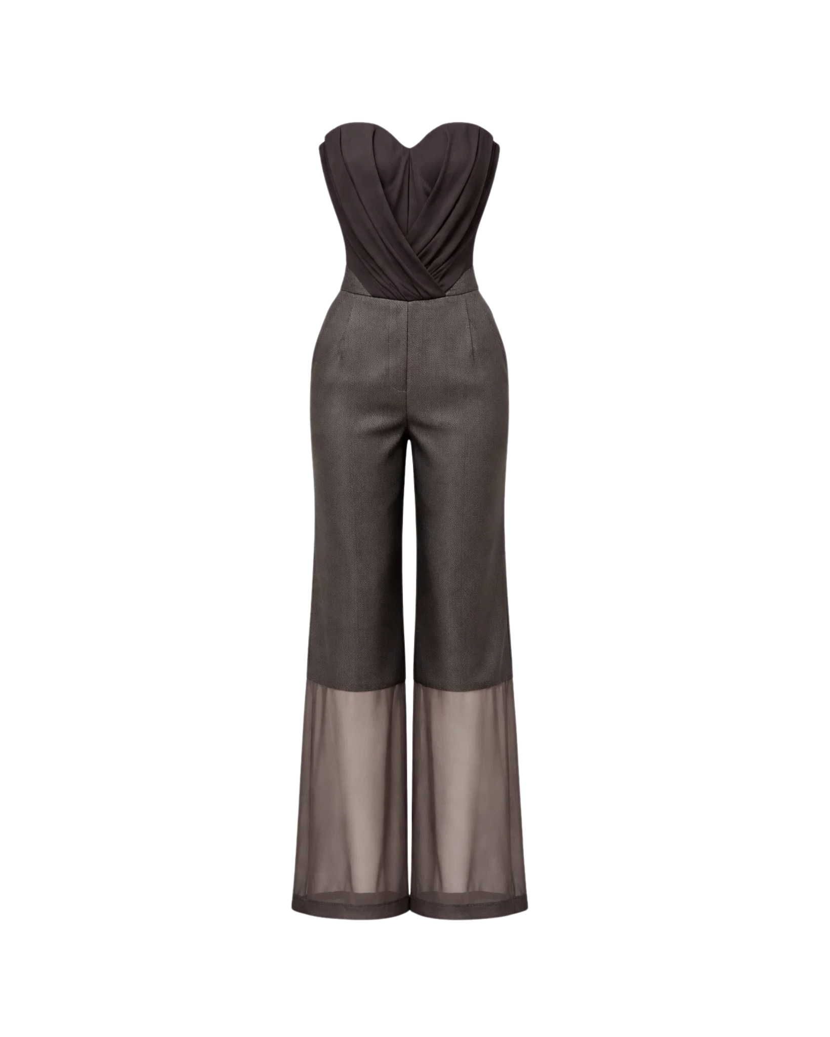 Tailory chocolate brown strapless jumpsuit with sheer hem front view