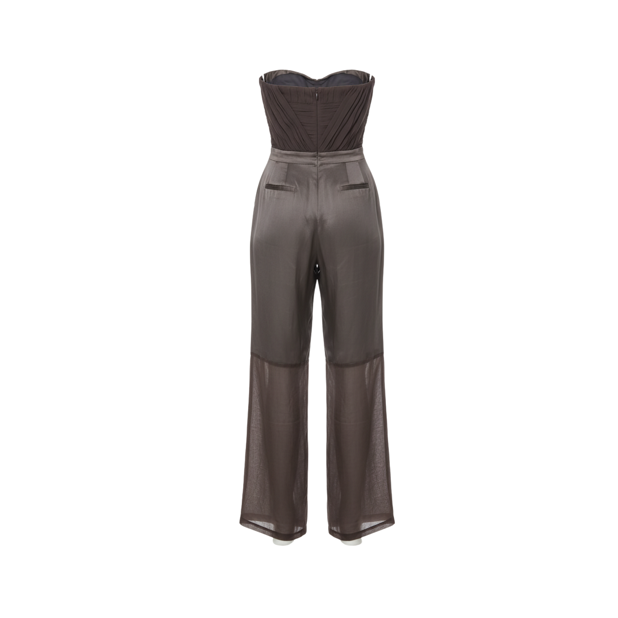 Tailory chocolate brown wide-leg jumpsuit with sheer hem back view